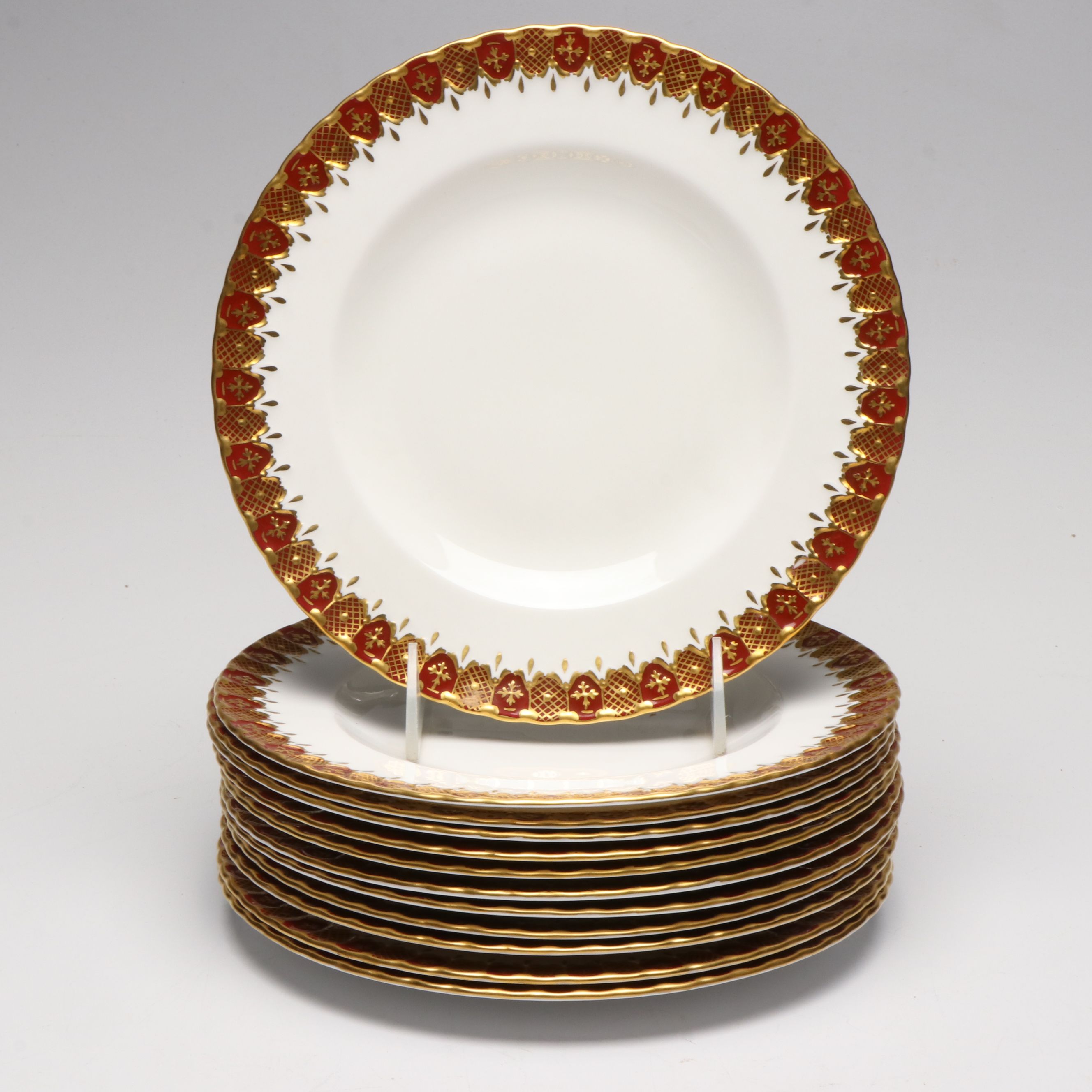 Royal Crown Derby "Heraldic Maroon" Bone China Salad Pates, Teacups and Saucers