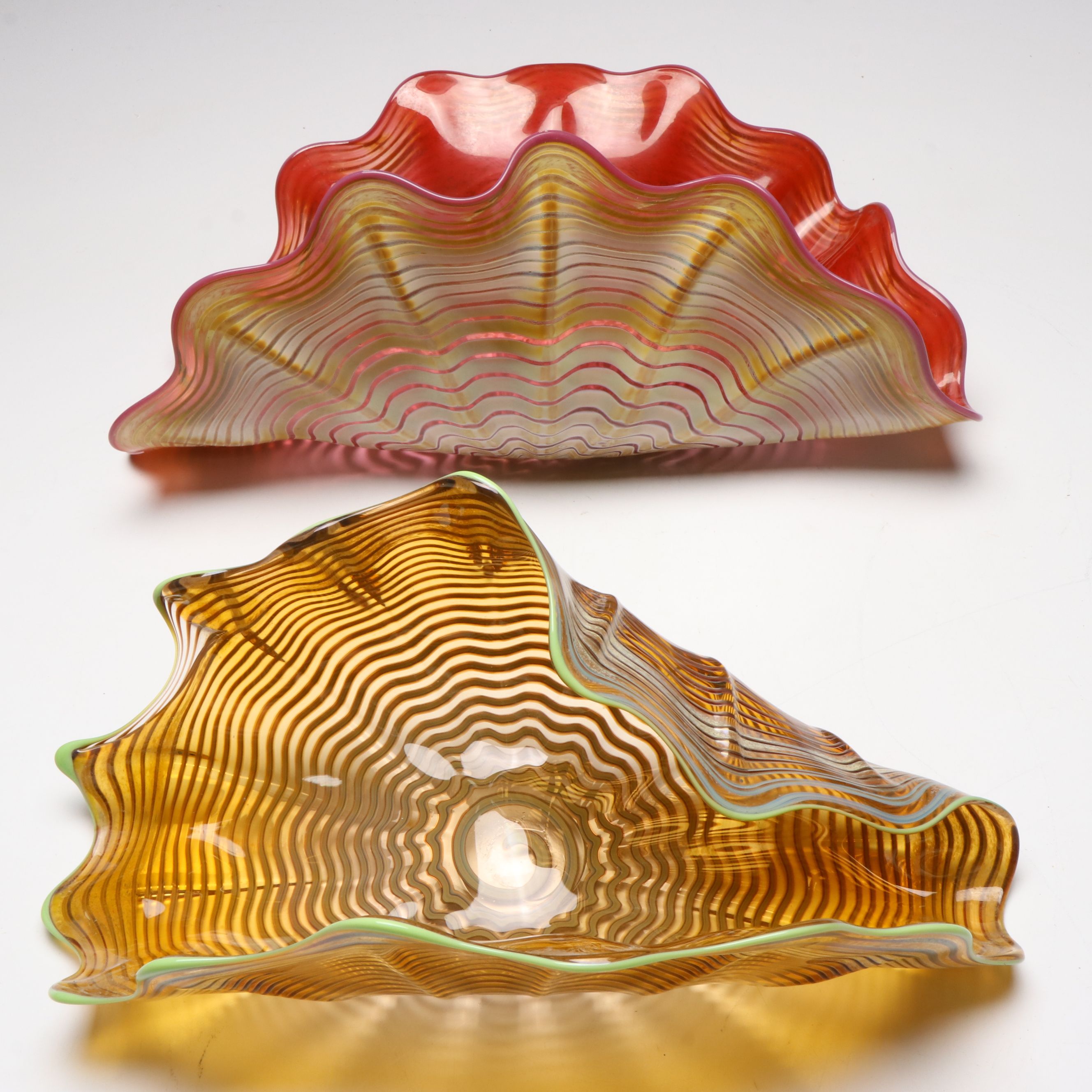 Modern Handblown Swirl Art Glass Ruffle Bowls