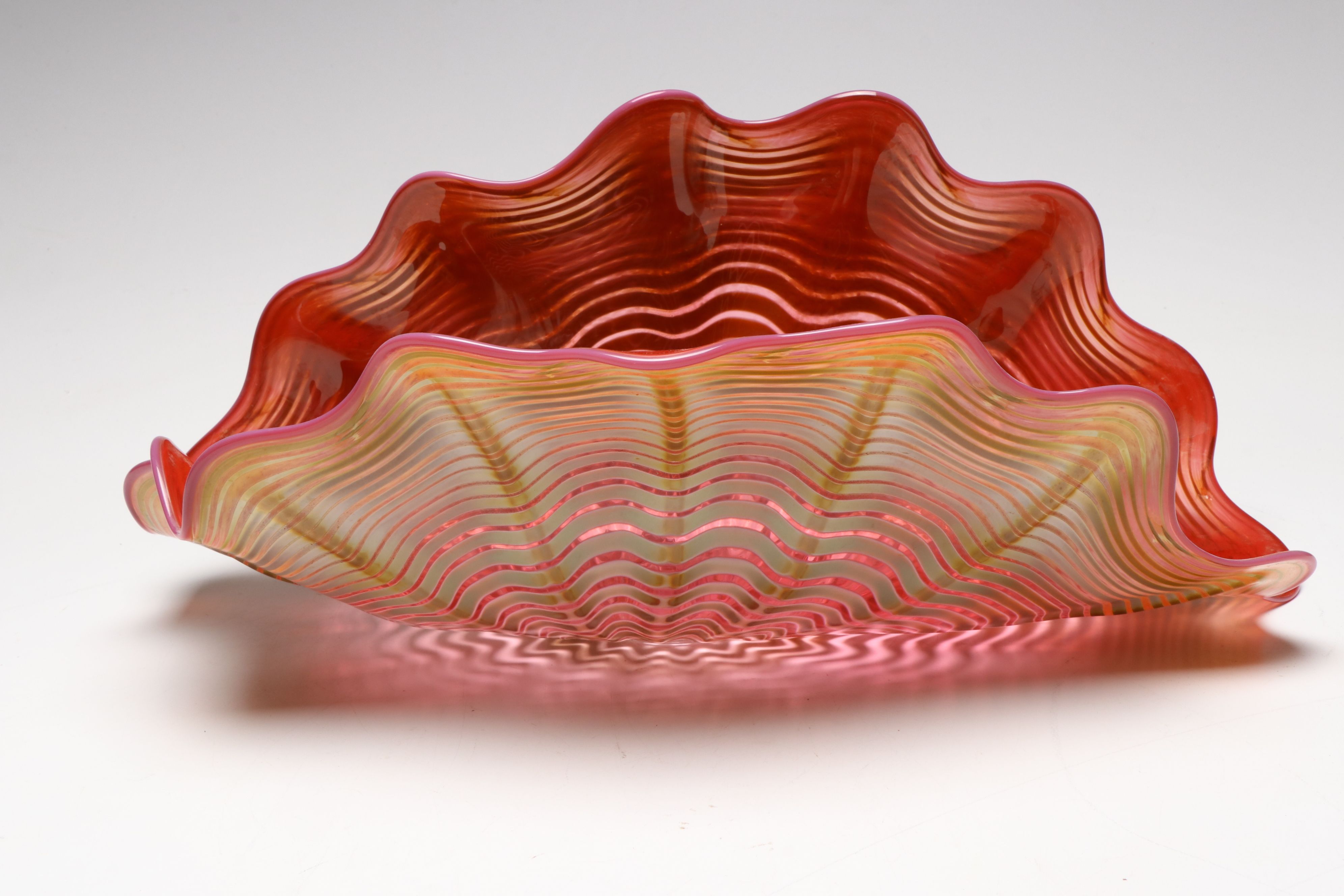 Modern Handblown Swirl Art Glass Ruffle Bowls