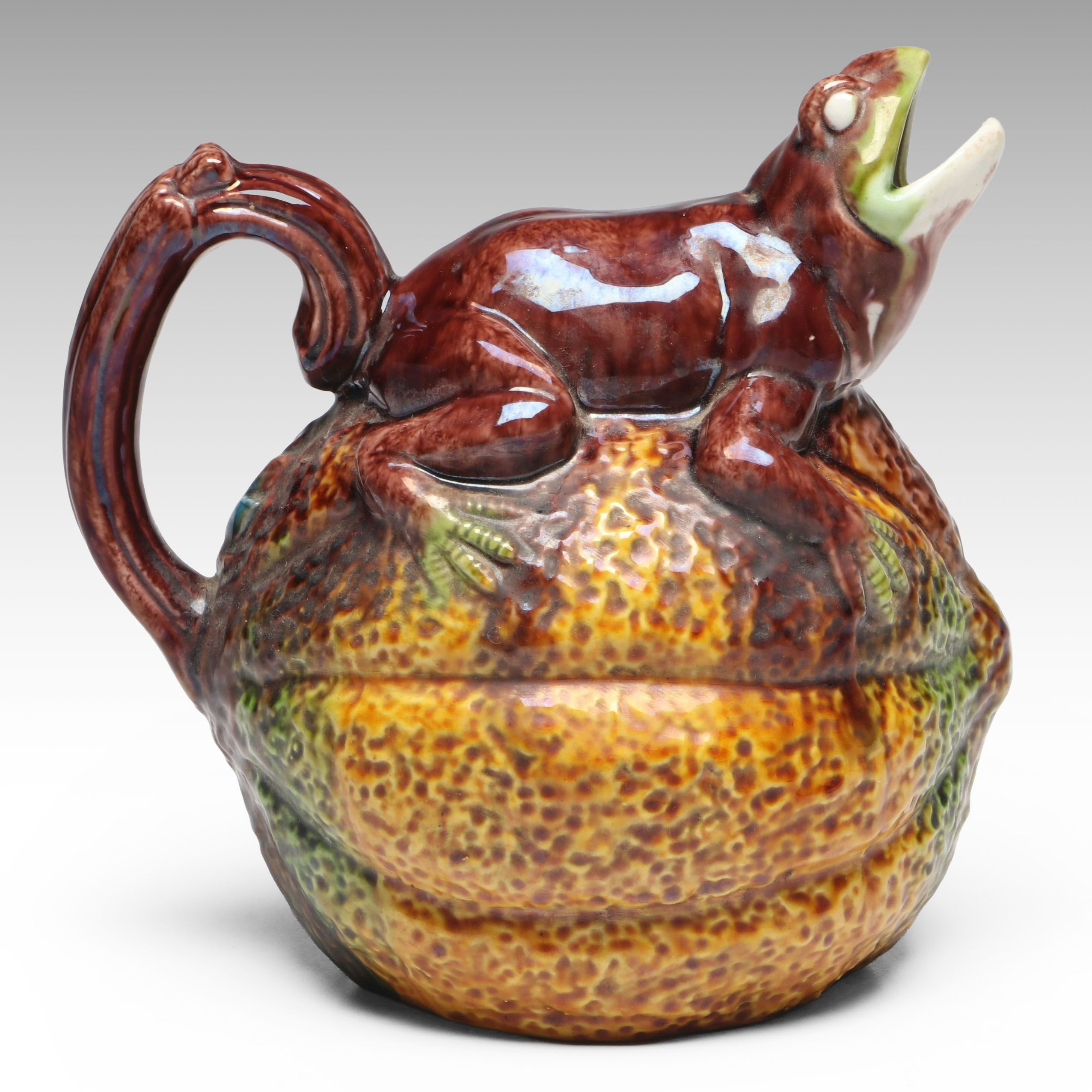 Majolica Frog on Melon Pitcher, Mid to Late 20th Century