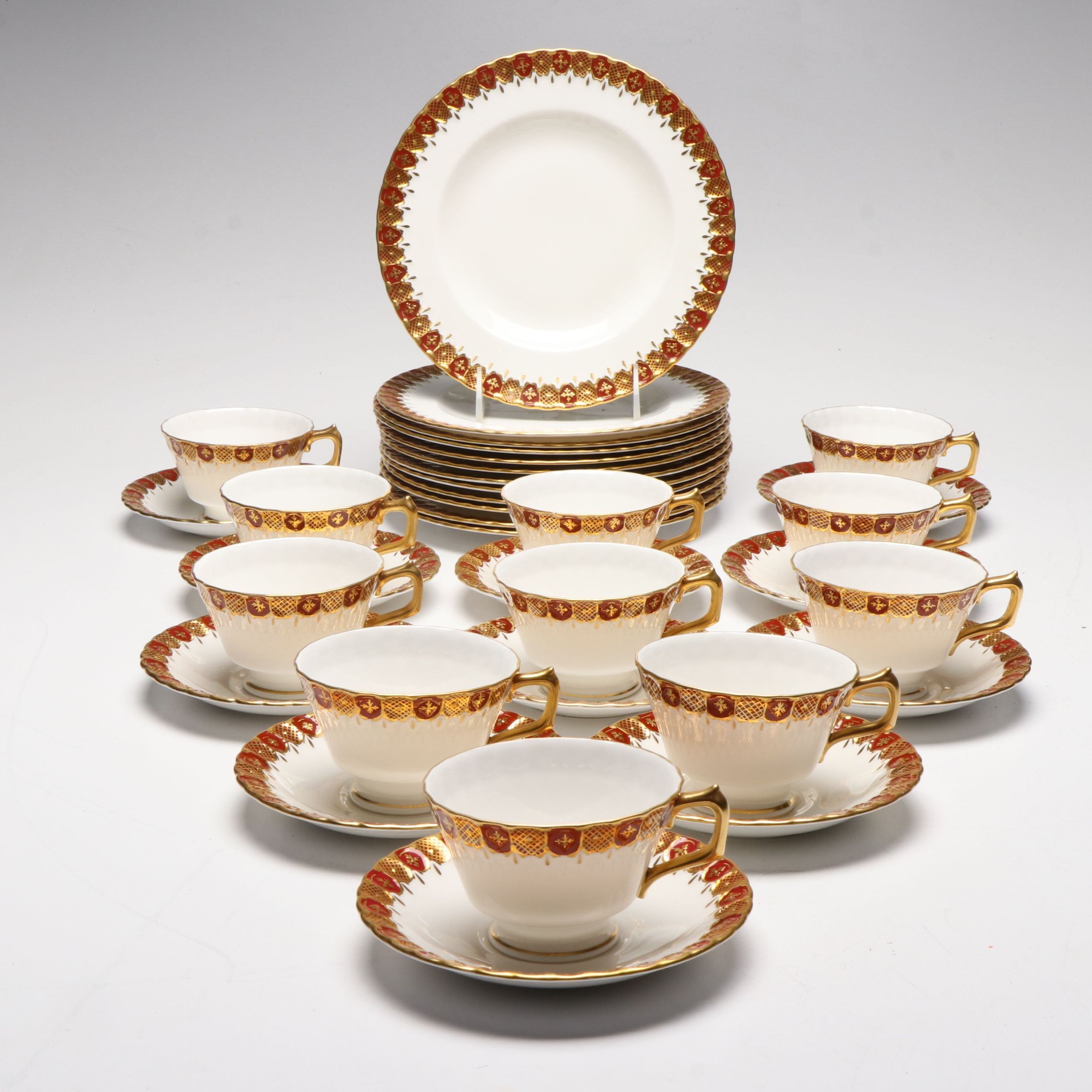 Royal Crown Derby "Heraldic Maroon" Bone China Salad Pates, Teacups and Saucers