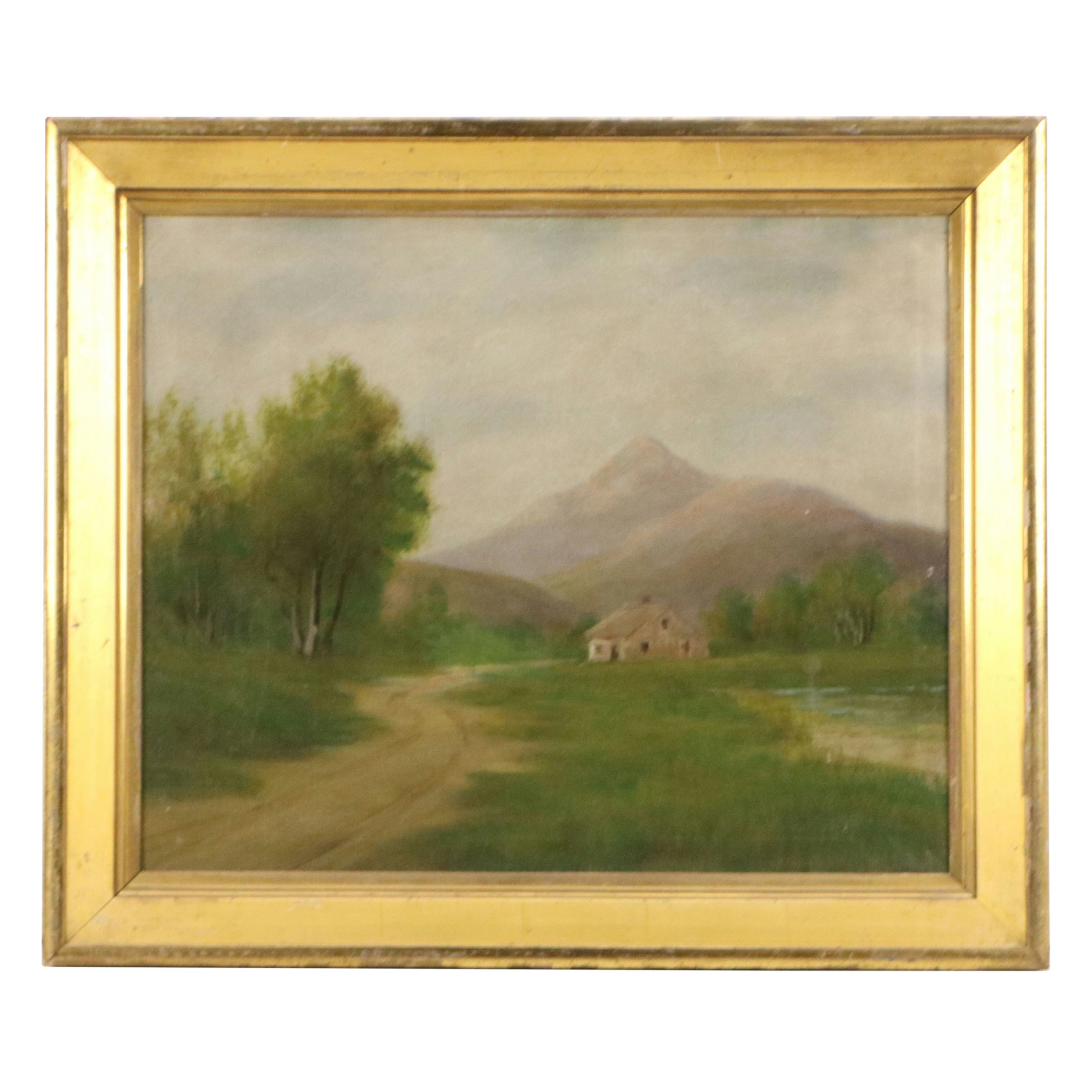 Rural Mountainous Landscape with Cottage Oil Painting, 20th Century