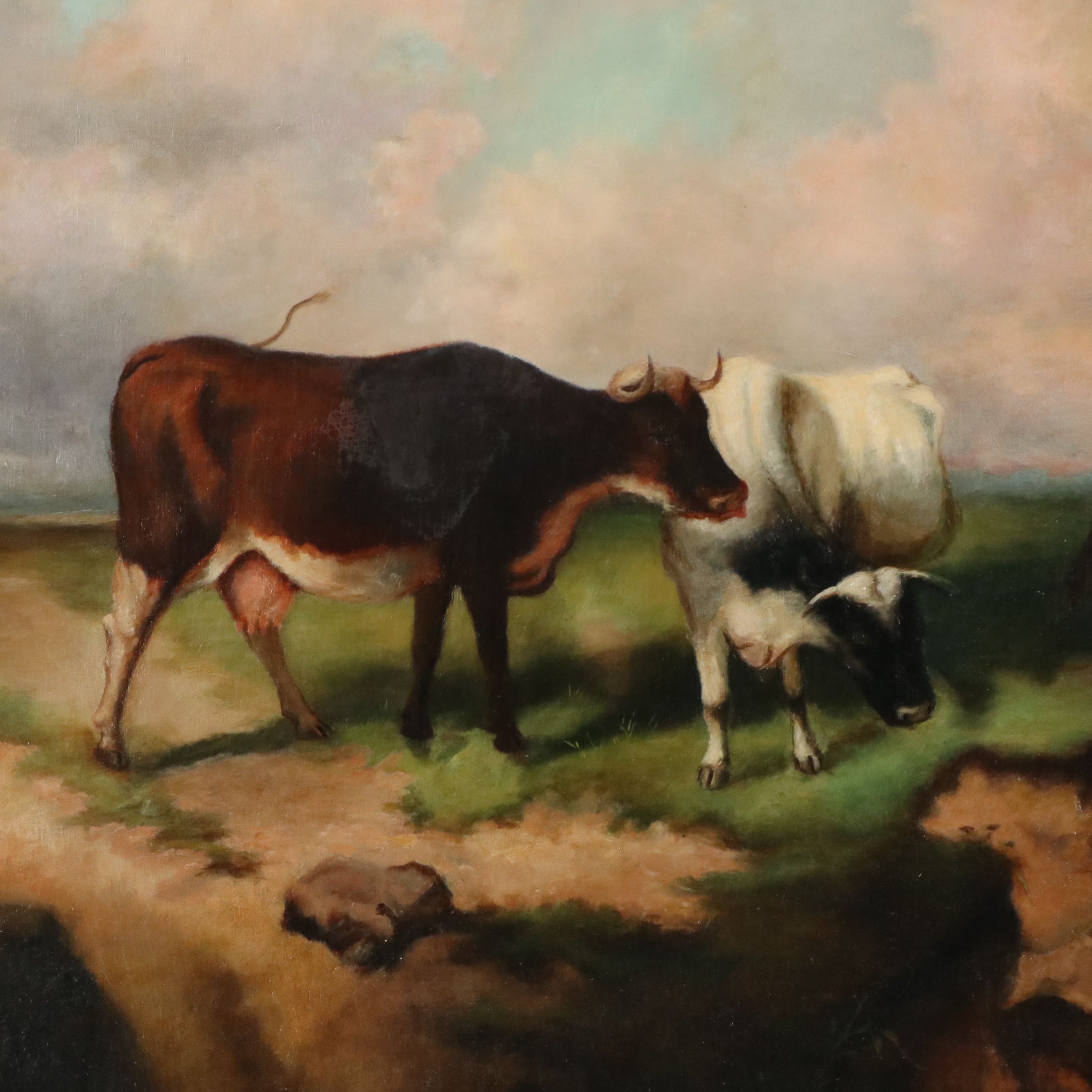 Pastoral Oil Painting of Grazing Cows, 19th Century