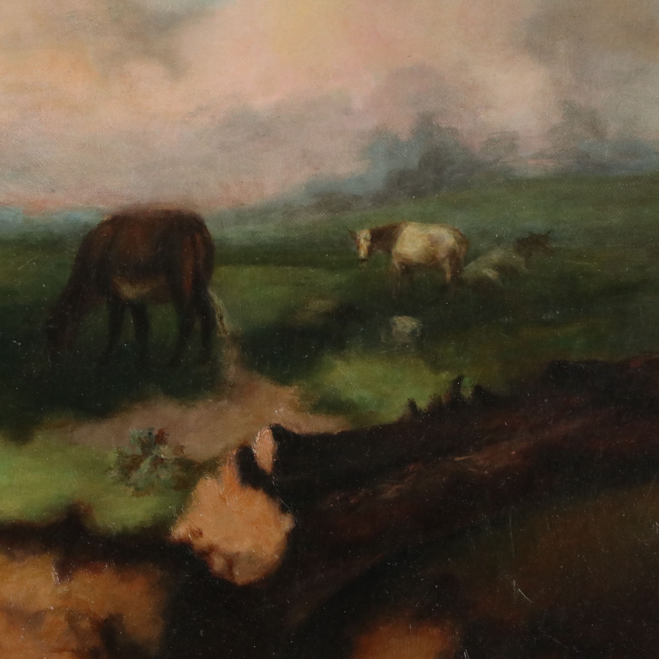 Pastoral Oil Painting of Grazing Cows, 19th Century