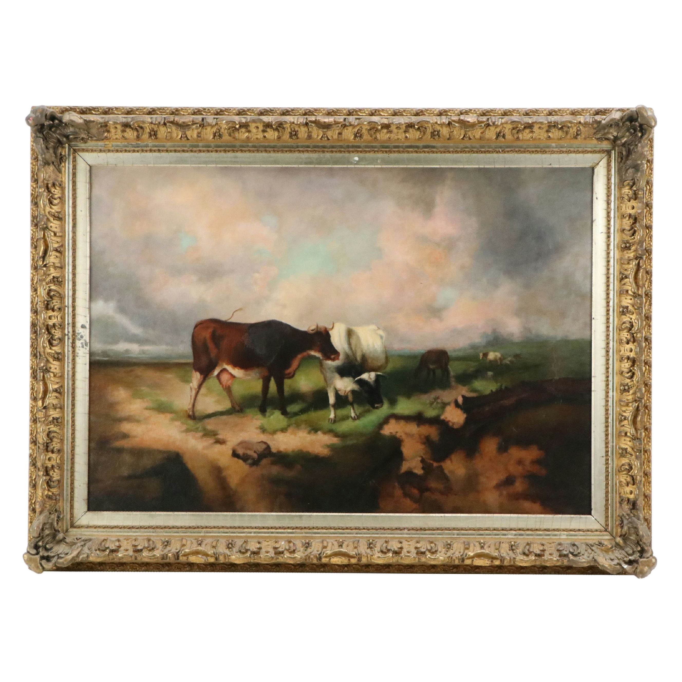 Pastoral Oil Painting of Grazing Cows, 19th Century