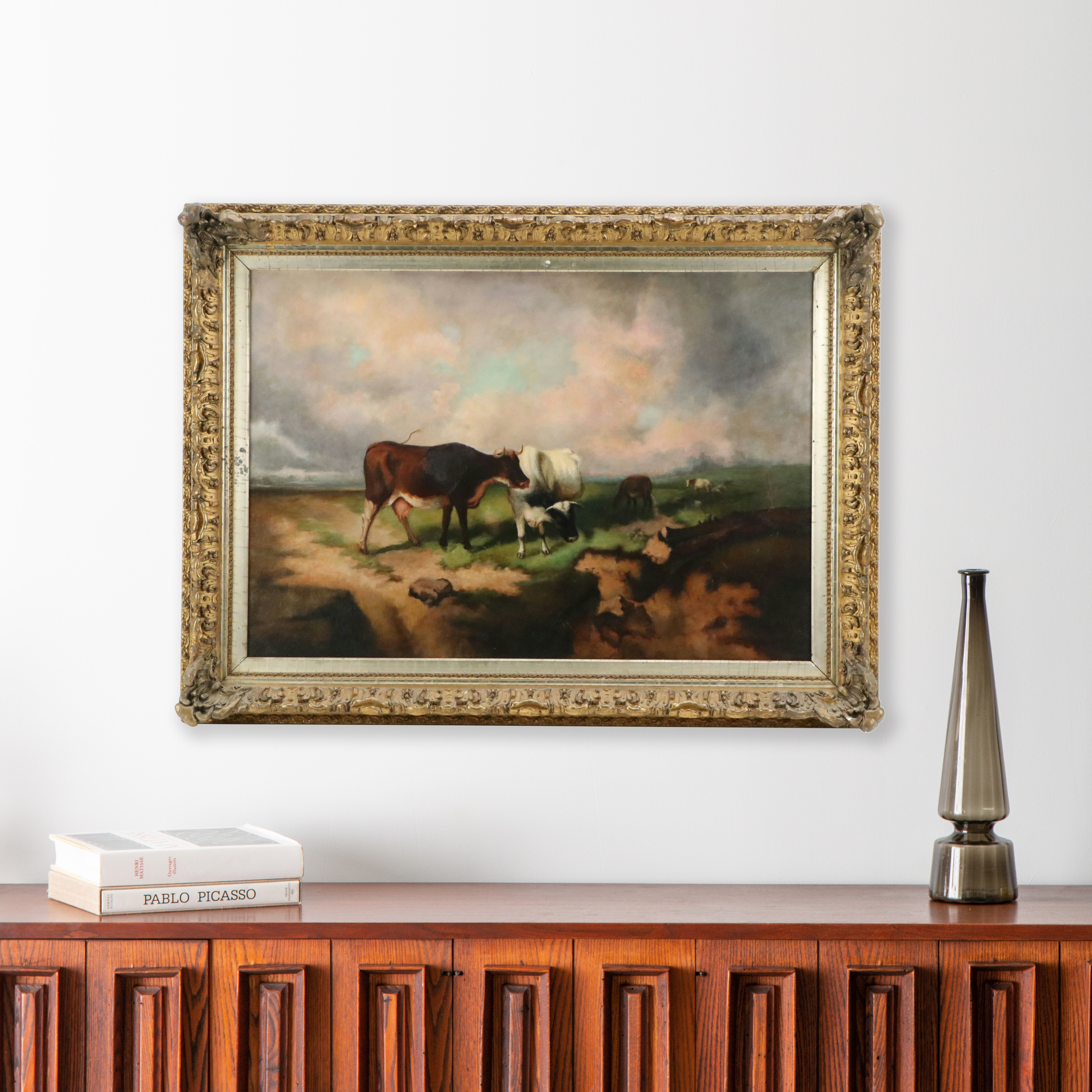 Pastoral Oil Painting of Grazing Cows, 19th Century