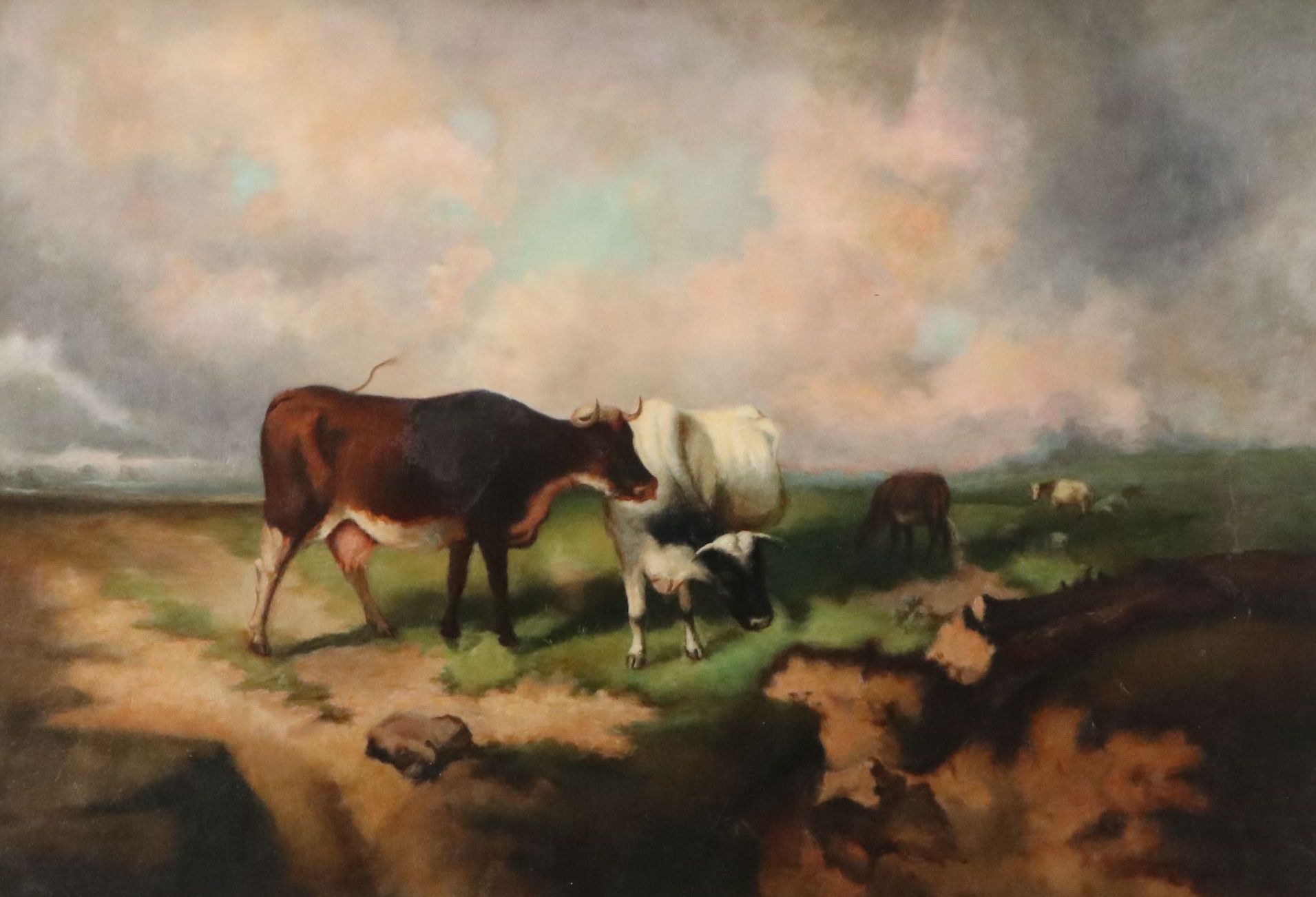 Pastoral Oil Painting of Grazing Cows, 19th Century