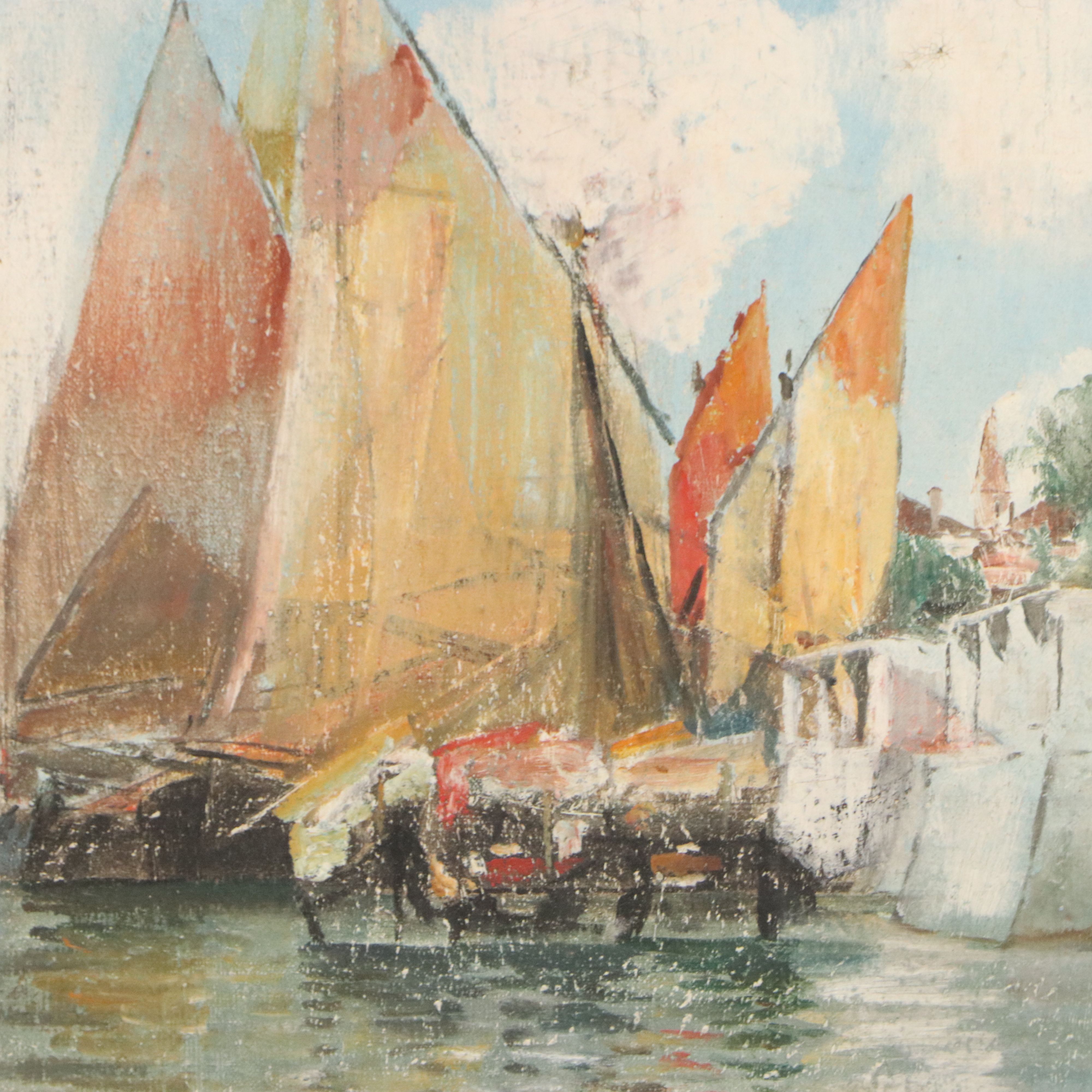 Oil Painting with Sailboats in the Style of Marcel Catelein, 20th Century