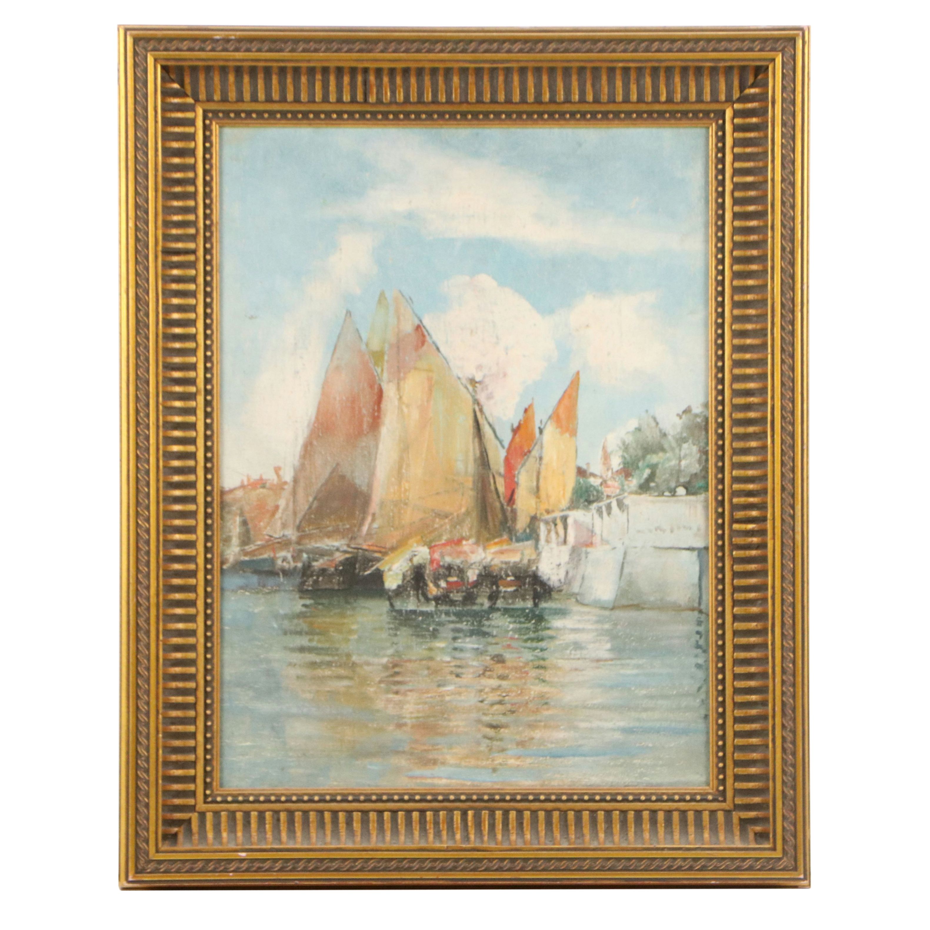 Oil Painting with Sailboats in the Style of Marcel Catelein, 20th Century