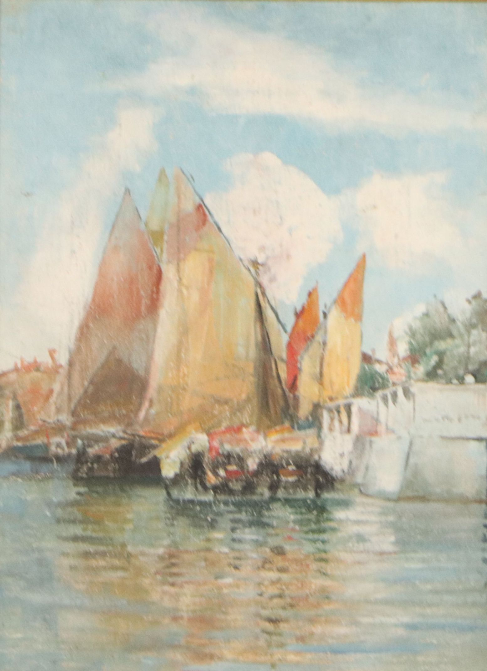 Oil Painting with Sailboats in the Style of Marcel Catelein, 20th Century