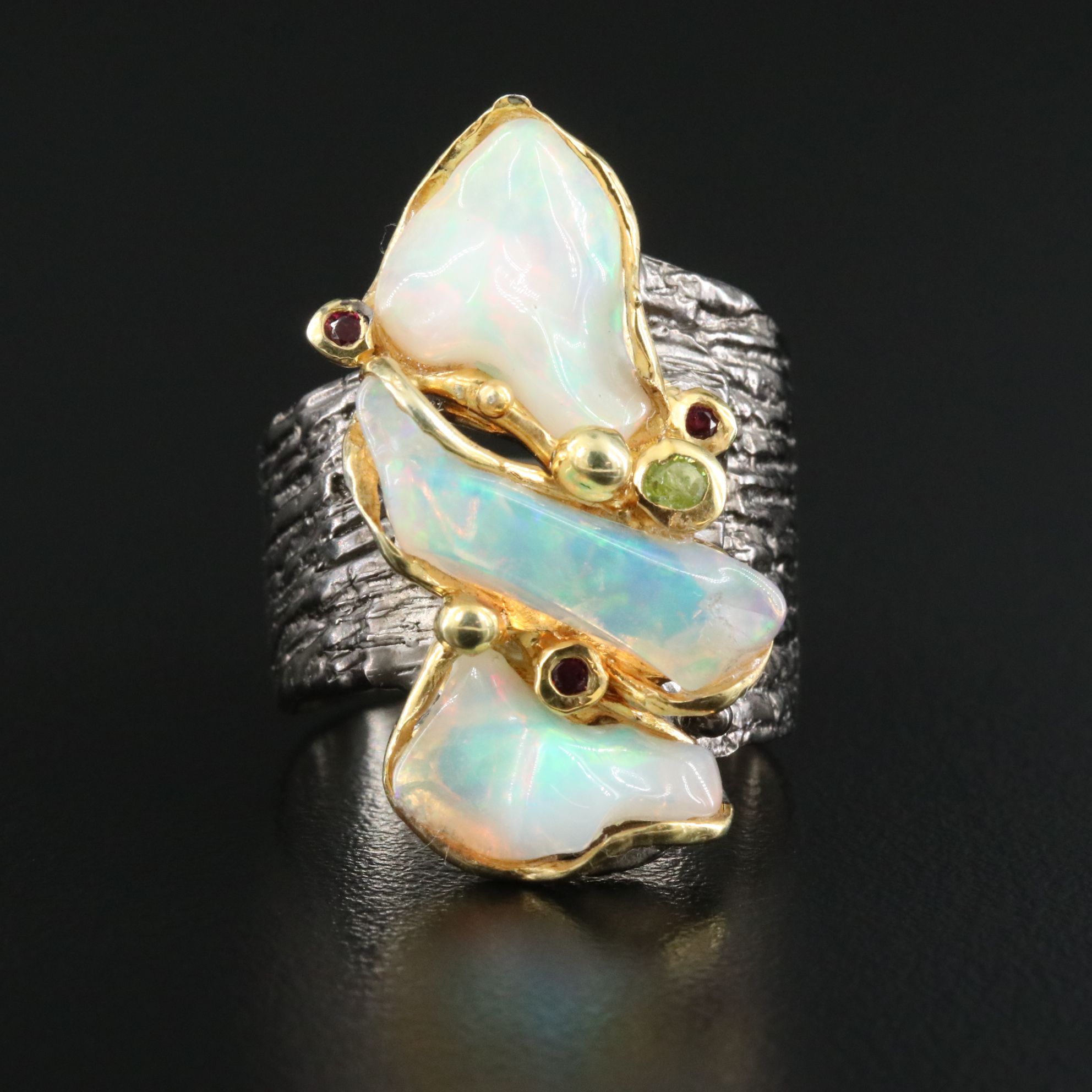 Sterling Opal Ring with Peridot, Amethyst and Gold Tone Accents
