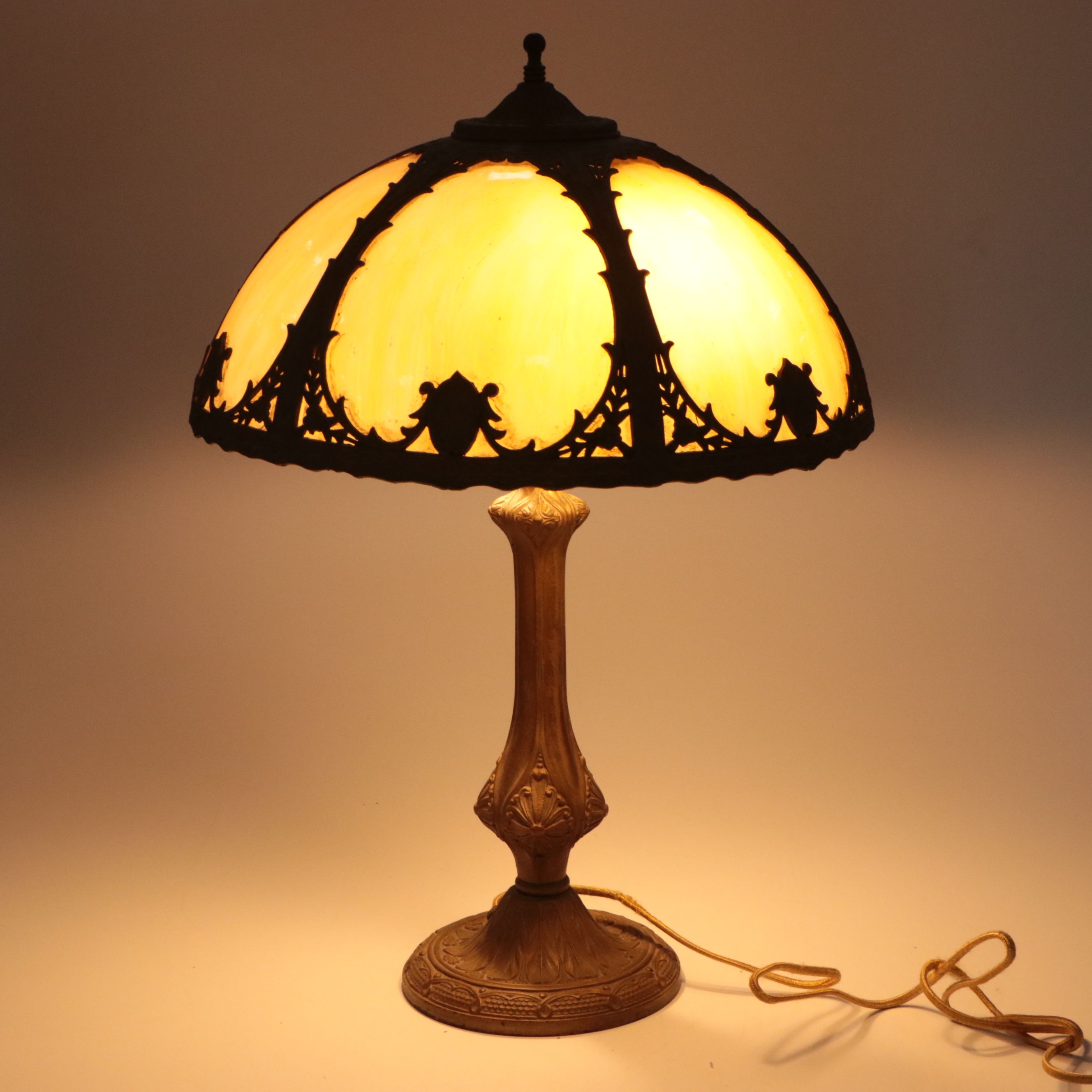 Salem Bros. Metal Overlay Slag Glass Table Lamp, Early 20th Century