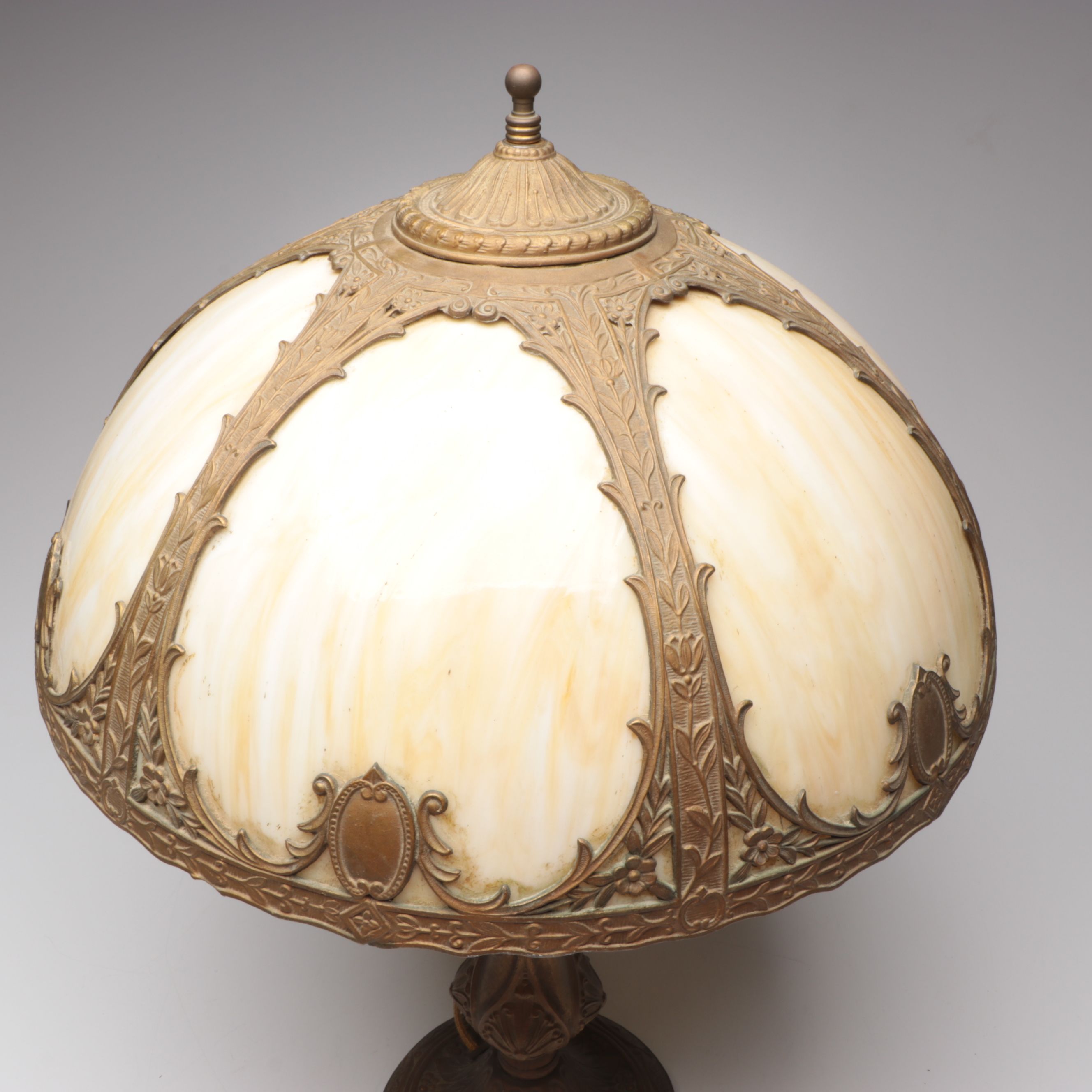 Salem Bros. Metal Overlay Slag Glass Table Lamp, Early 20th Century