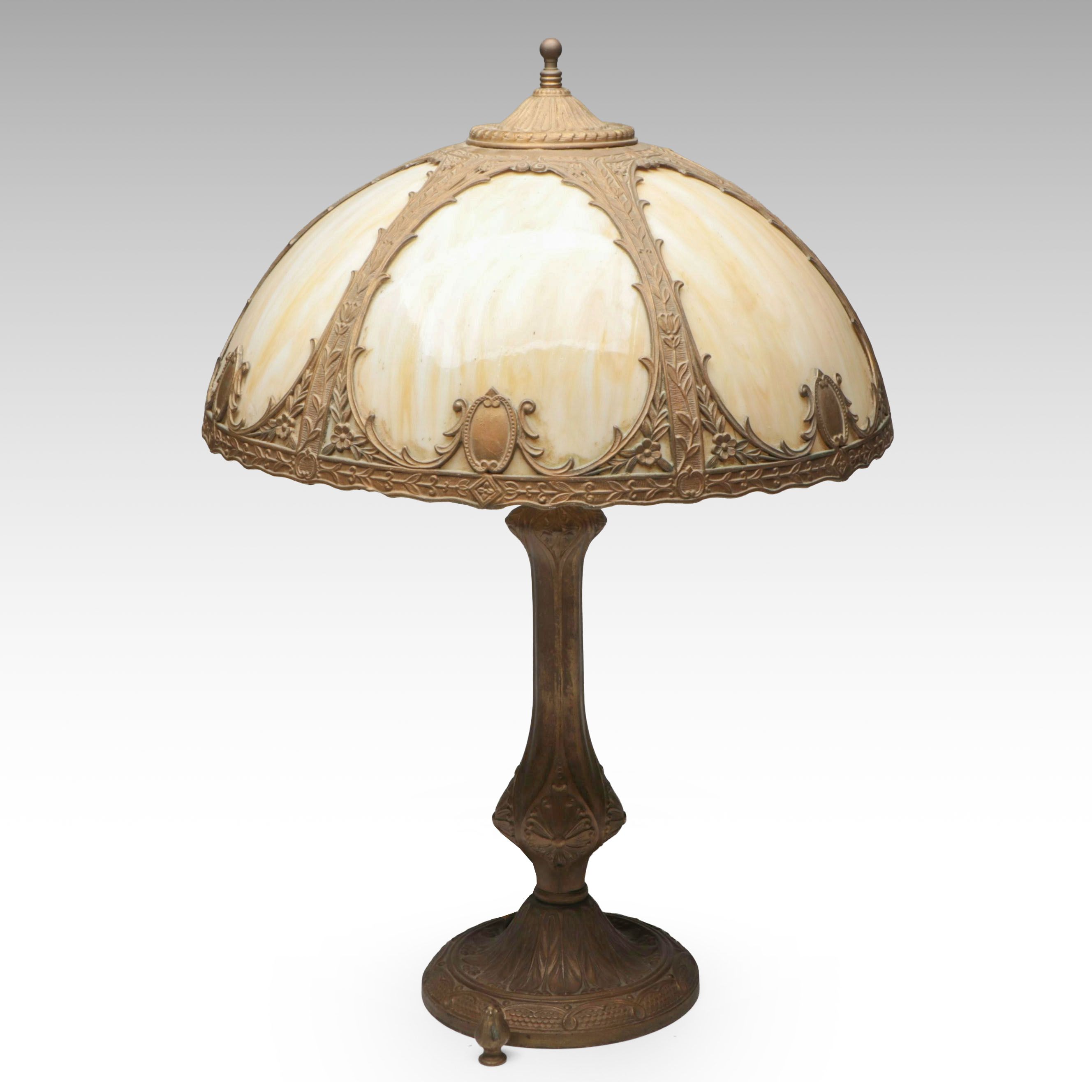 Salem Bros. Metal Overlay Slag Glass Table Lamp, Early 20th Century