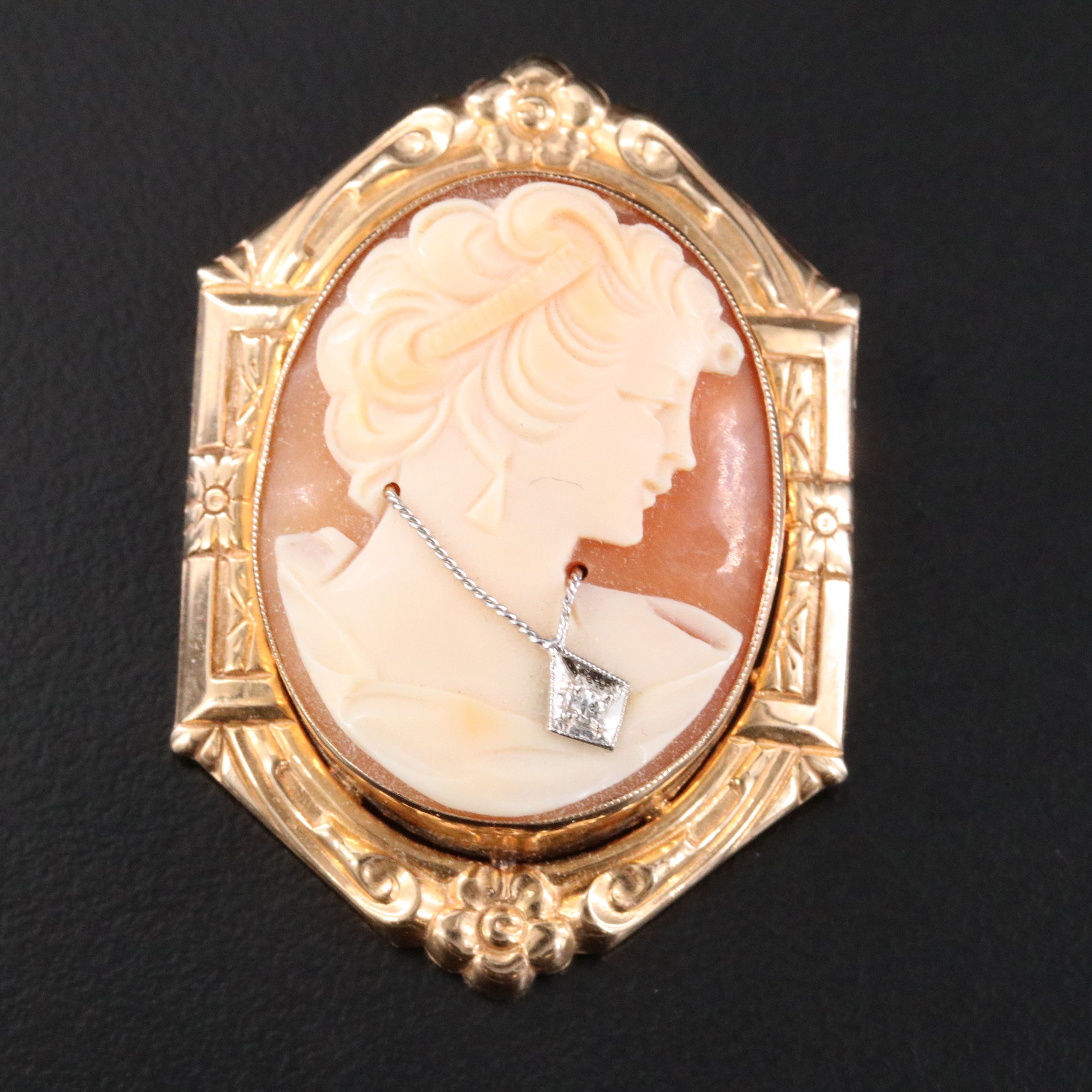 1930s Art Deco 10K Shell Habillé Cameo Converter Brooch with Diamond Accent