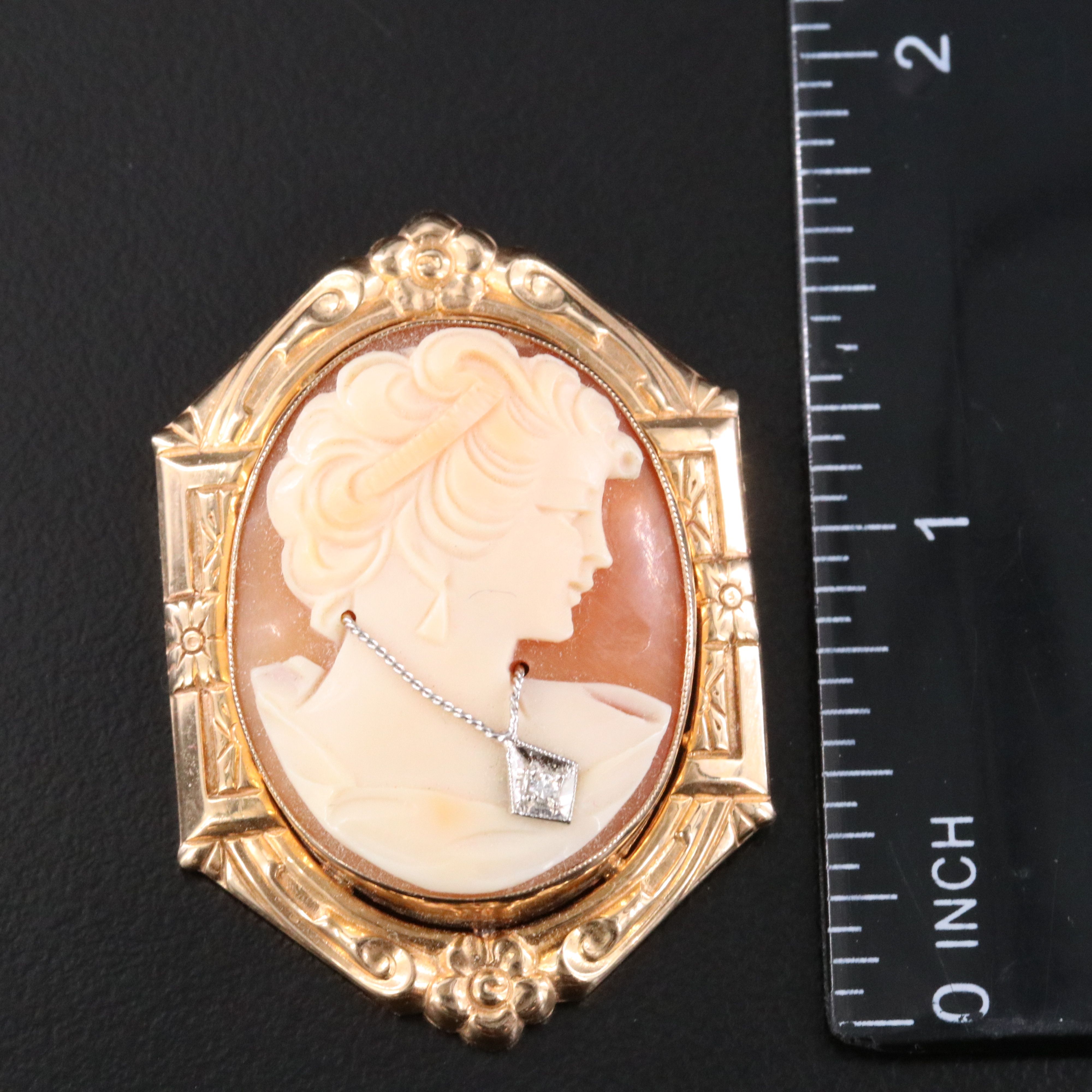 1930s Art Deco 10K Shell Habillé Cameo Converter Brooch with Diamond Accent