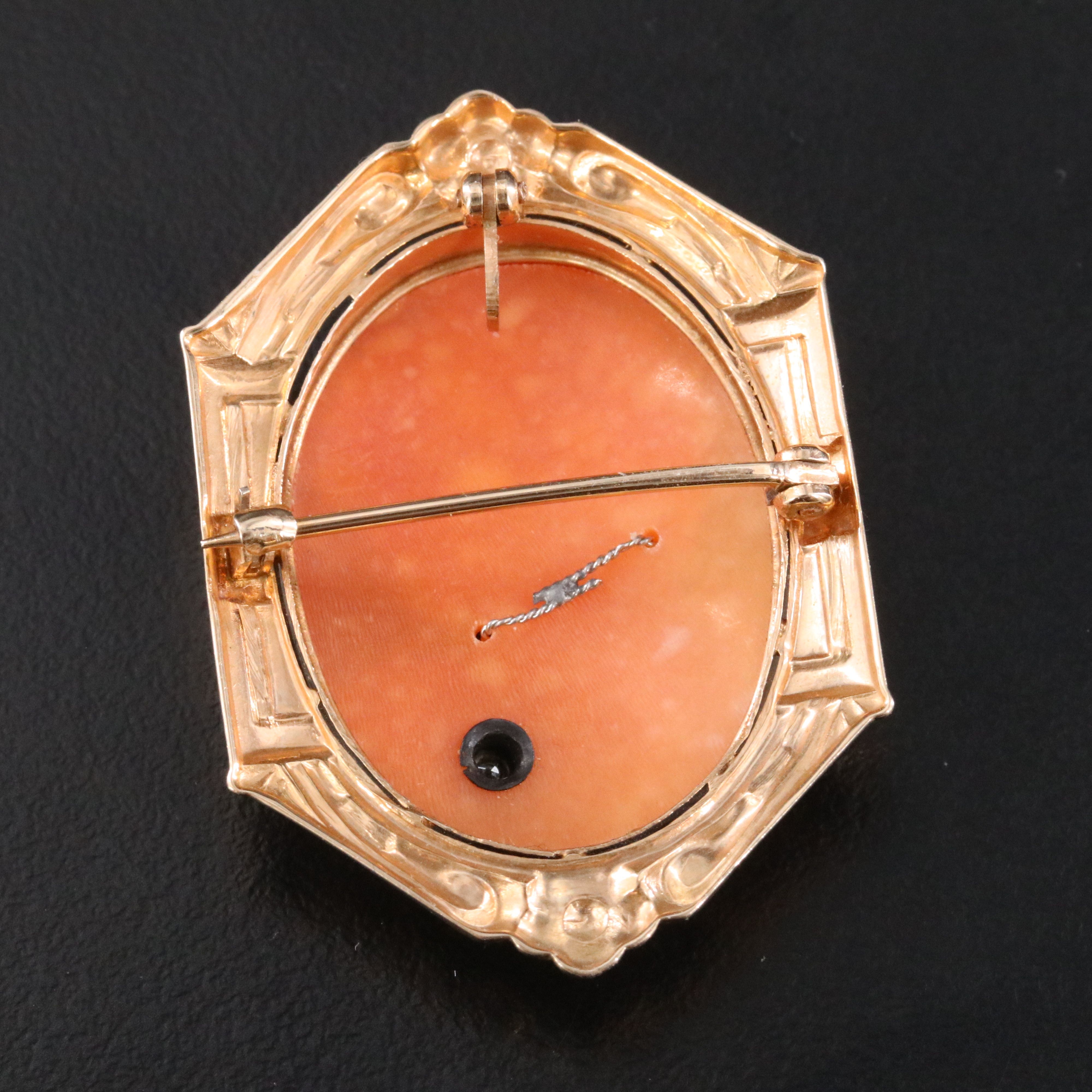 1930s Art Deco 10K Shell Habillé Cameo Converter Brooch with Diamond Accent