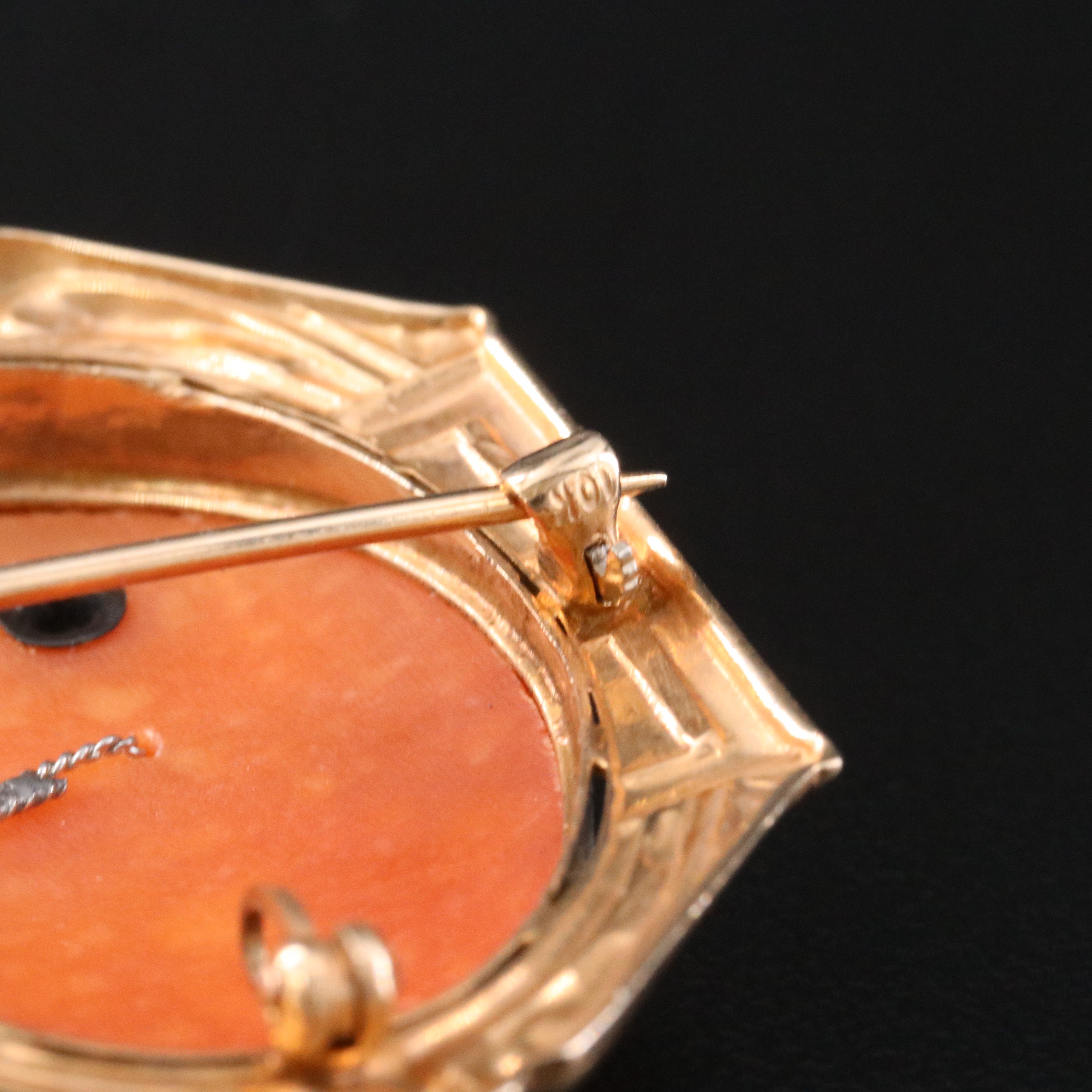 1930s Art Deco 10K Shell Habillé Cameo Converter Brooch with Diamond Accent