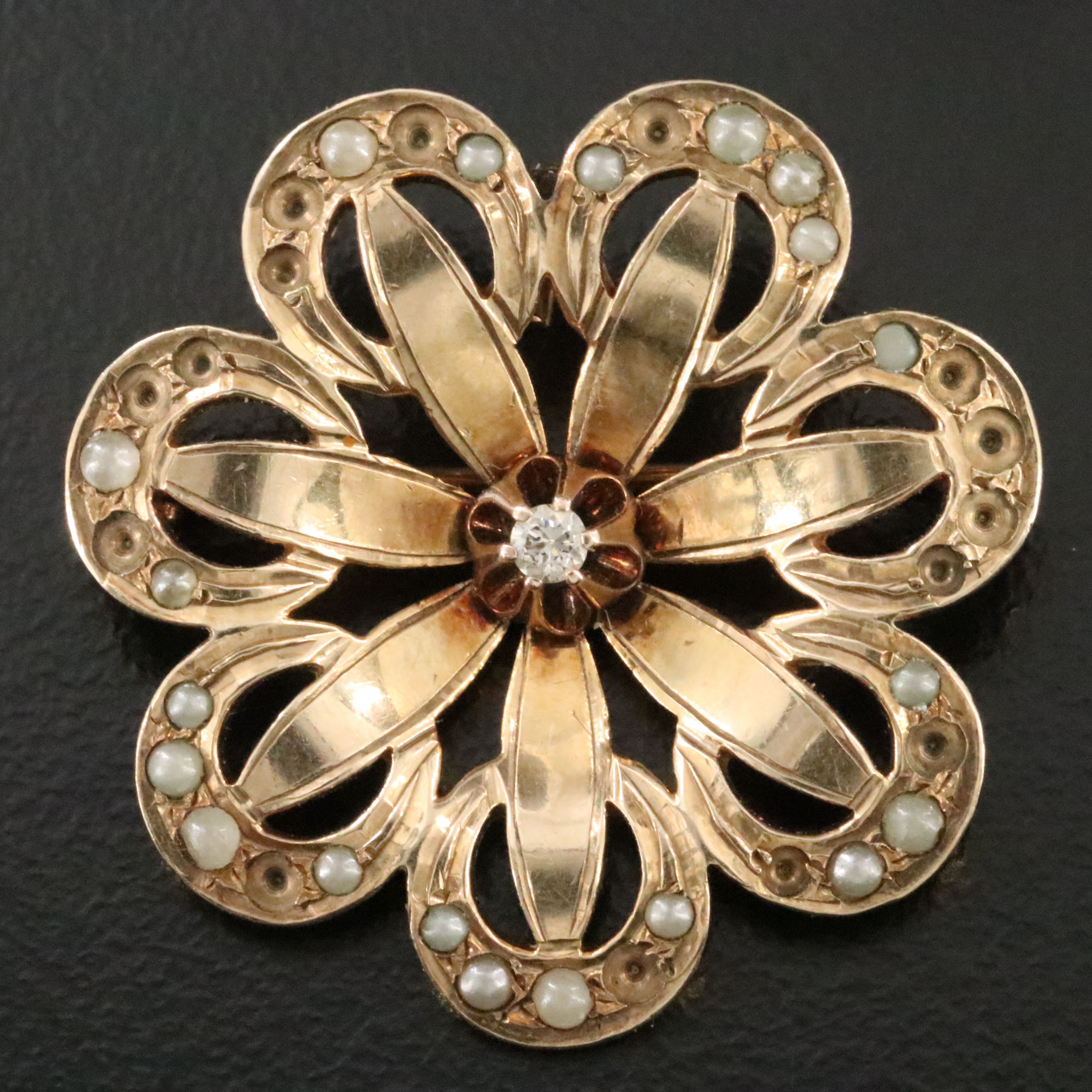 Early 1900s 10K Diamond and Imitation Pearl Crescent and Flower Pin