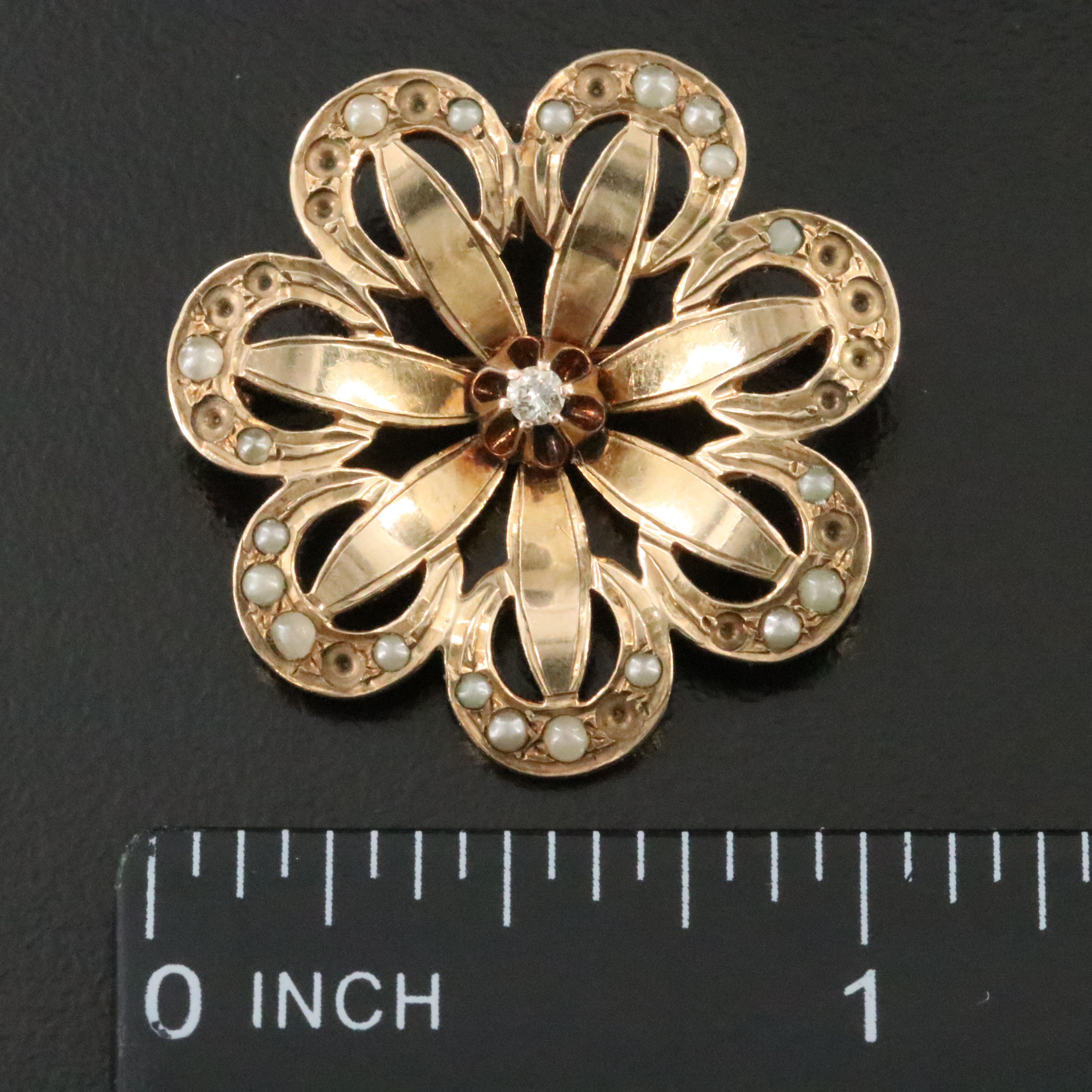 Early 1900s 10K Diamond and Imitation Pearl Crescent and Flower Pin