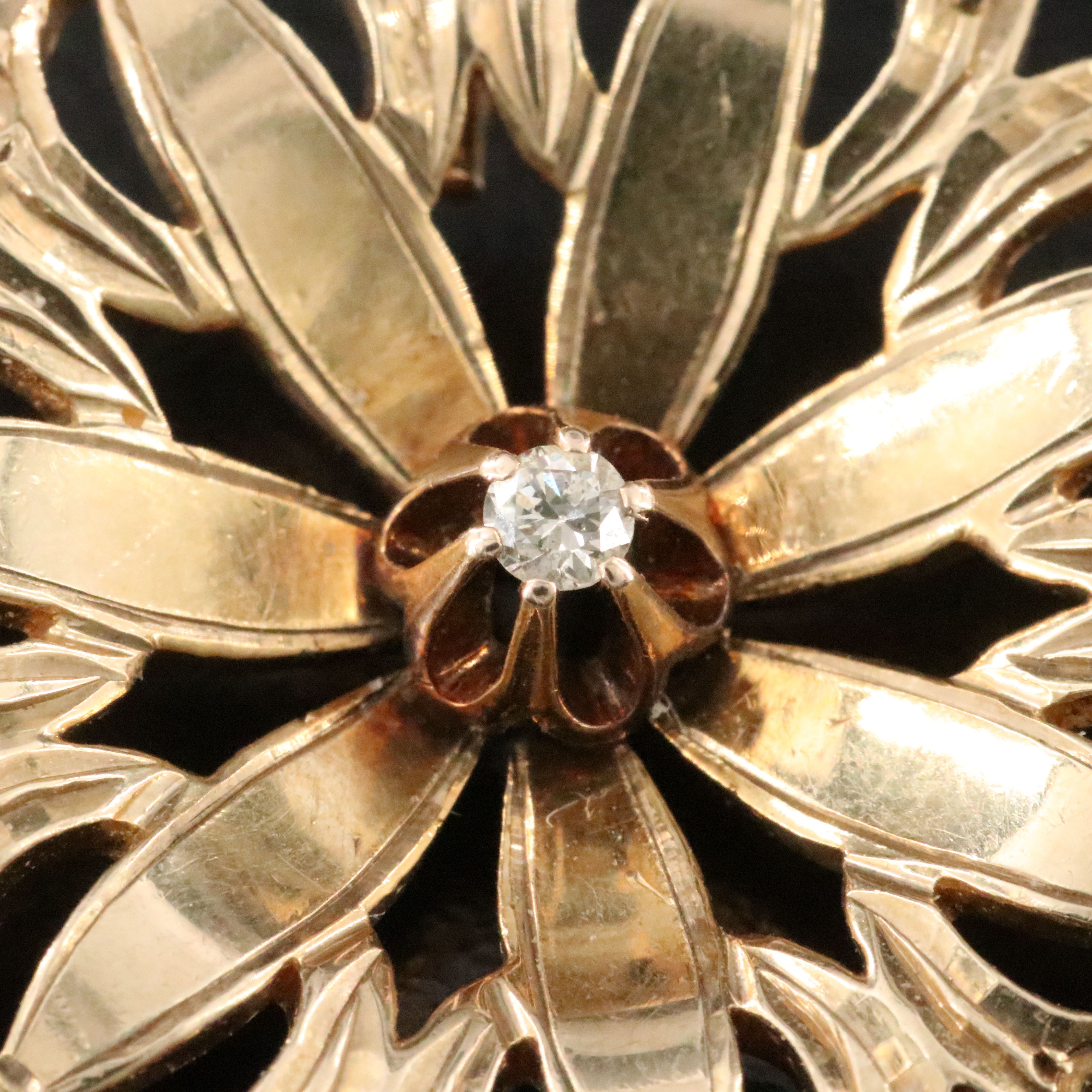 Early 1900s 10K Diamond and Imitation Pearl Crescent and Flower Pin