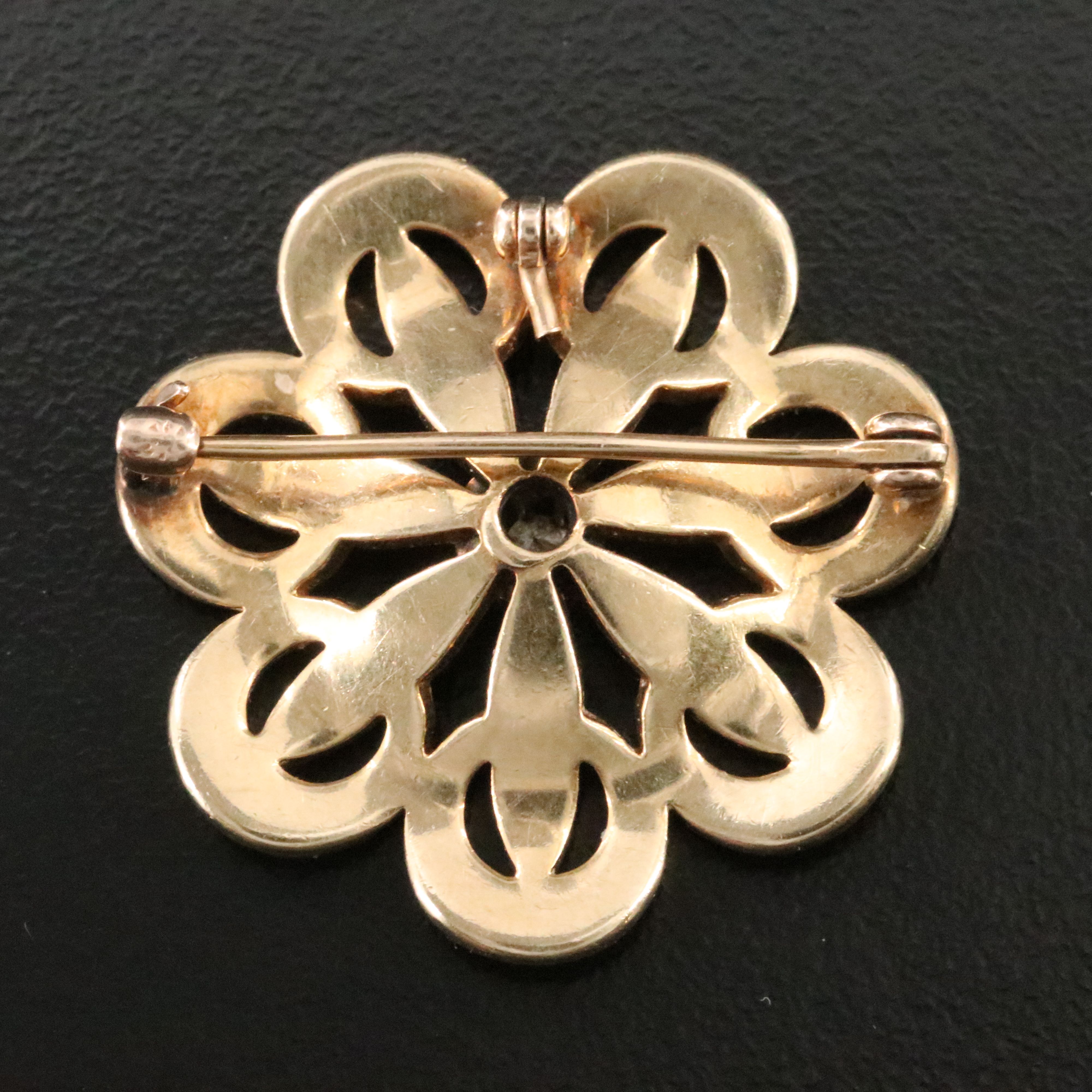 Early 1900s 10K Diamond and Imitation Pearl Crescent and Flower Pin