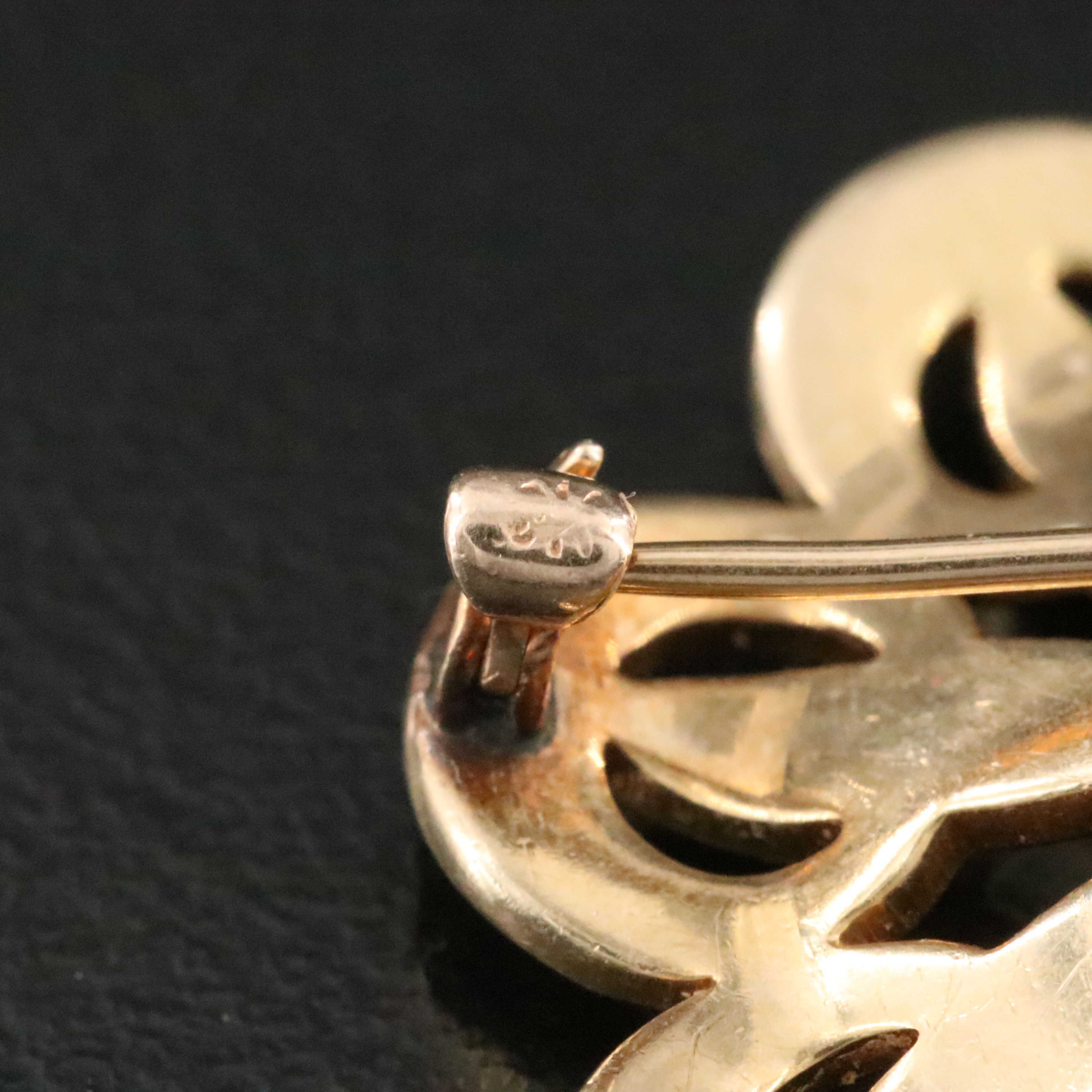 Early 1900s 10K Diamond and Imitation Pearl Crescent and Flower Pin