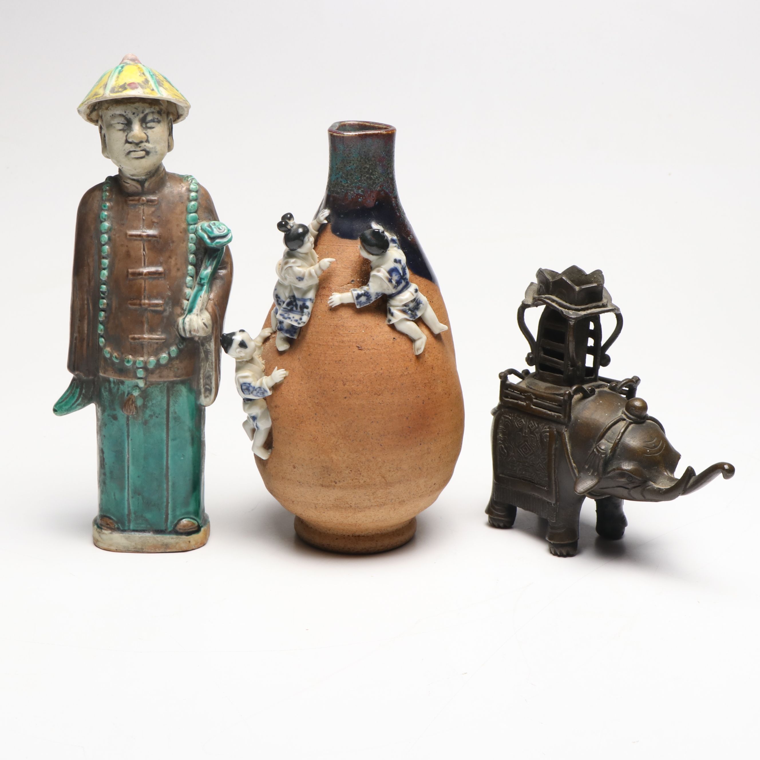 Chinese Carved Wood Shelf with Figurines and Ceramic Figural Vase