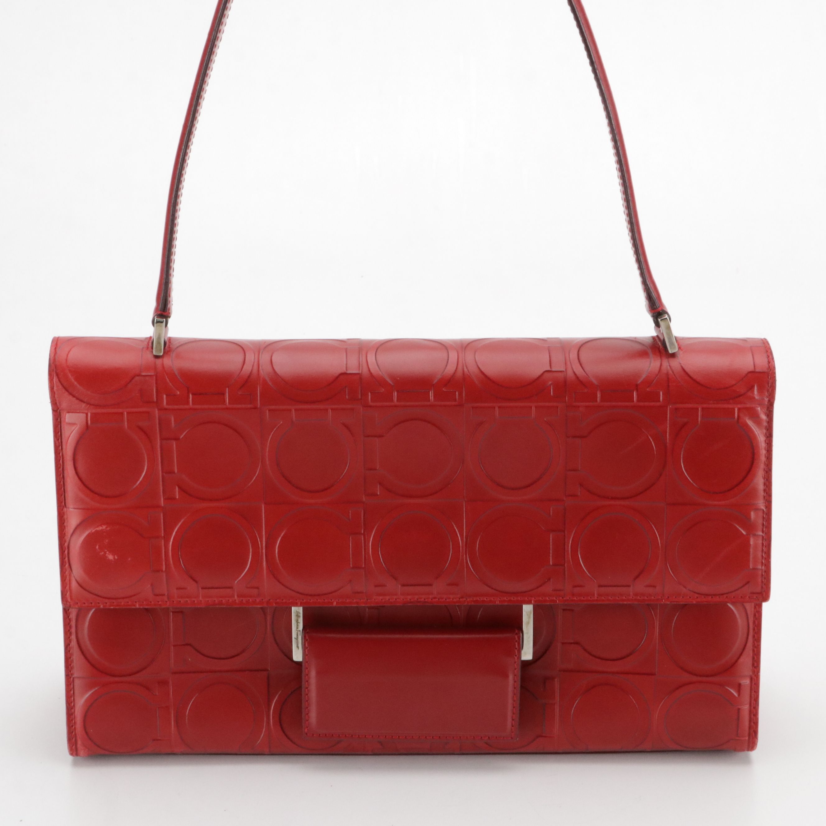 Salvatore Ferragamo Front Flap Shoulder Bag in Red Gancini Embossed Leather