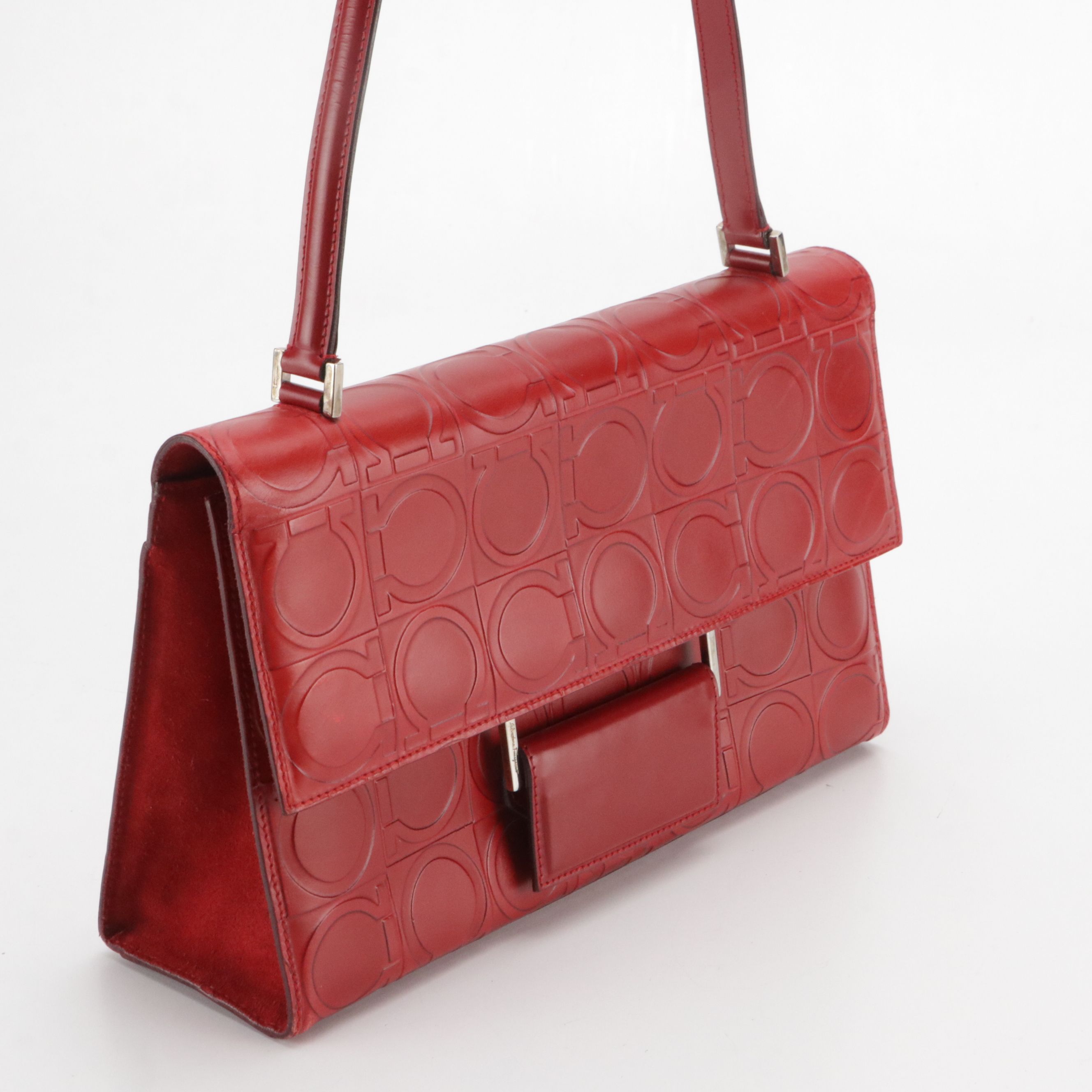 Salvatore Ferragamo Front Flap Shoulder Bag in Red Gancini Embossed Leather