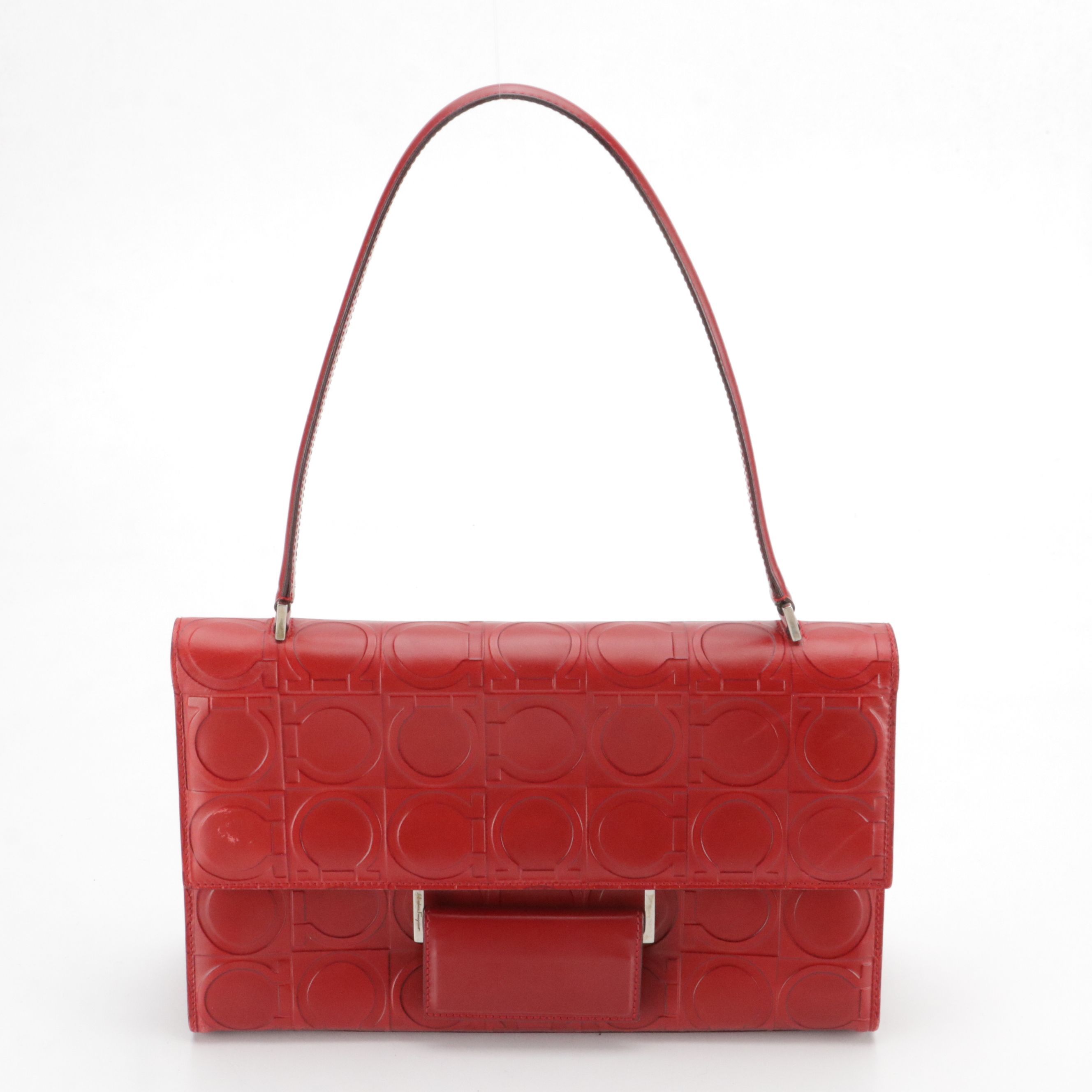 Salvatore Ferragamo Front Flap Shoulder Bag in Red Gancini Embossed Leather