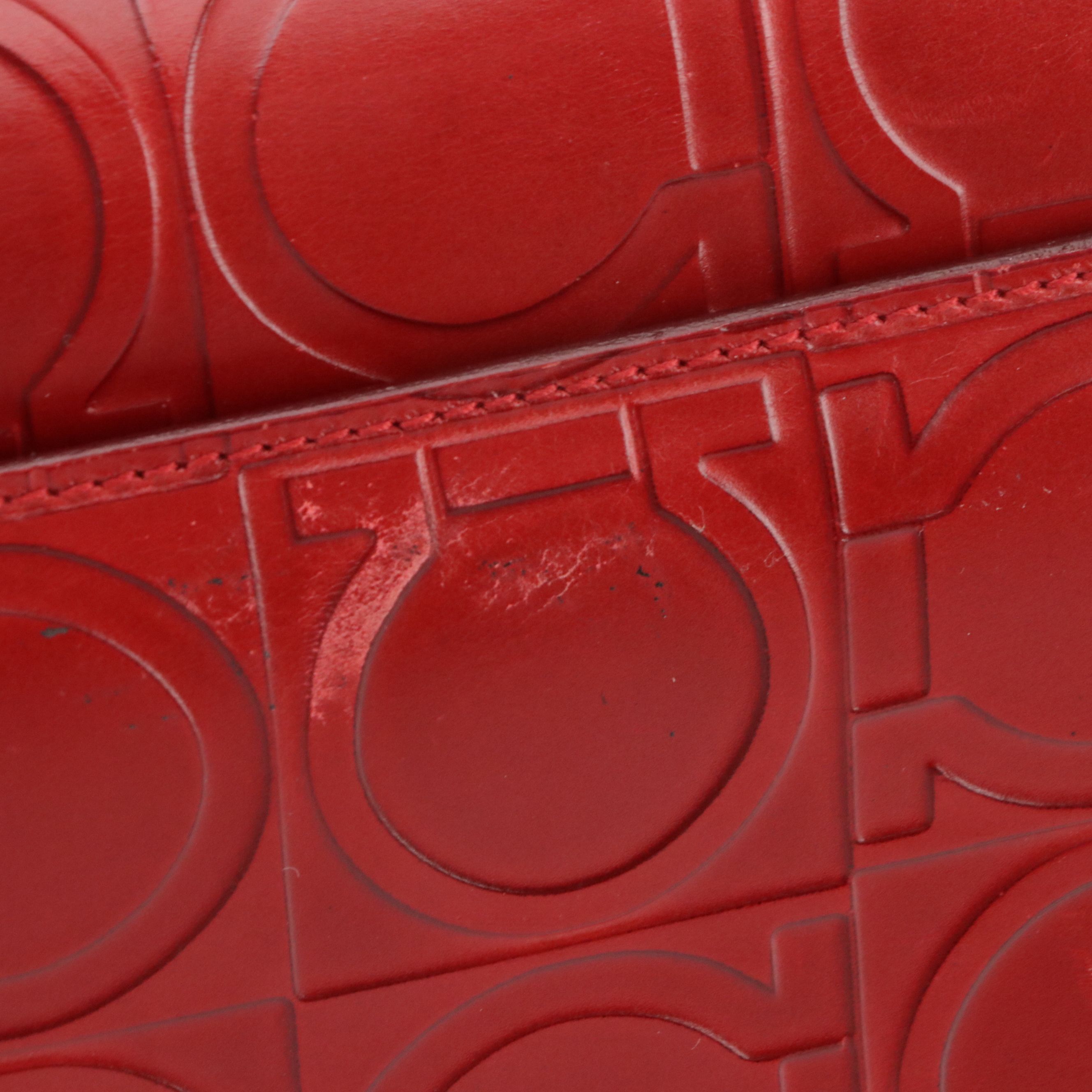 Salvatore Ferragamo Front Flap Shoulder Bag in Red Gancini Embossed Leather