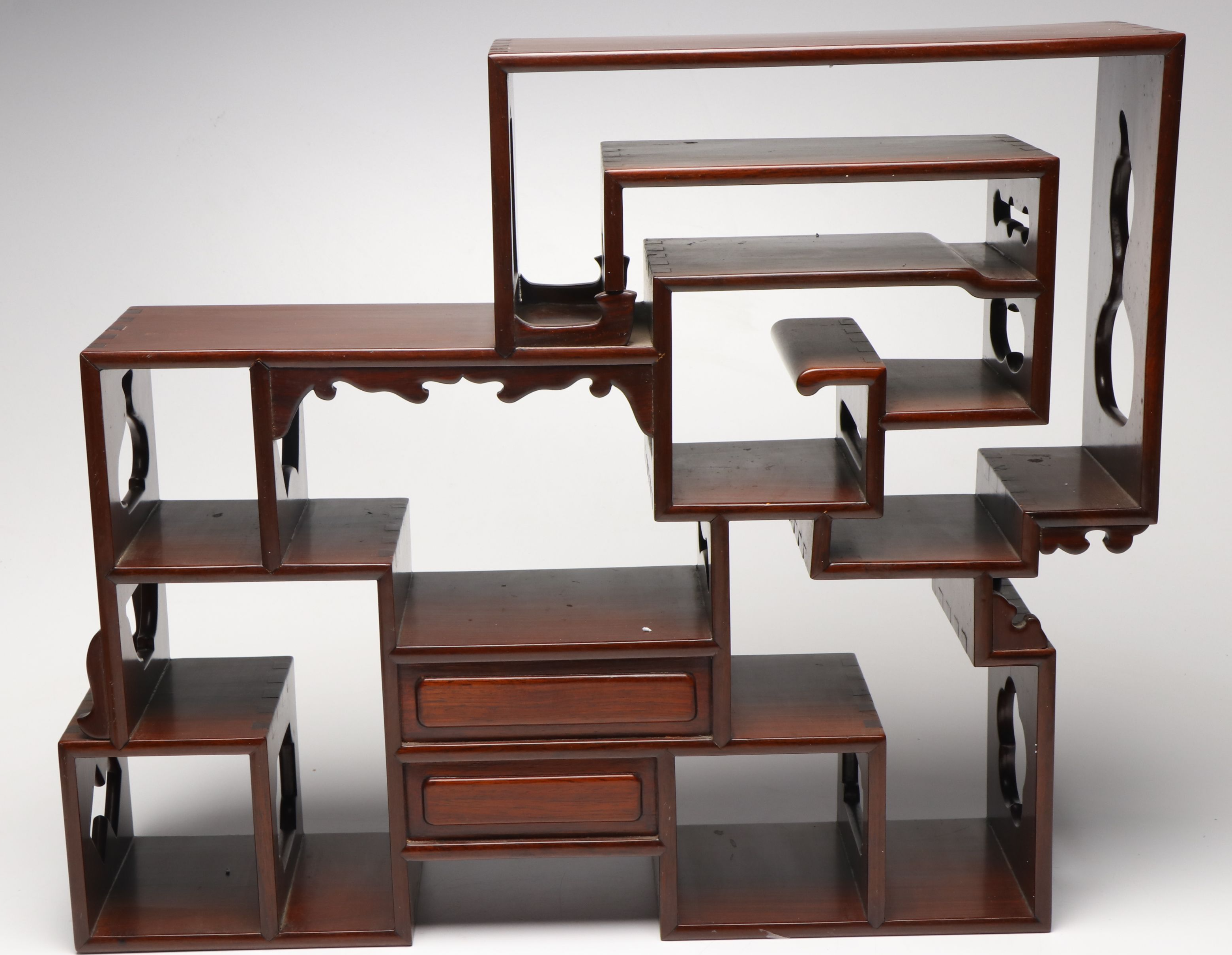 Chinese Carved Wood Shelf with Figurines and Ceramic Figural Vase