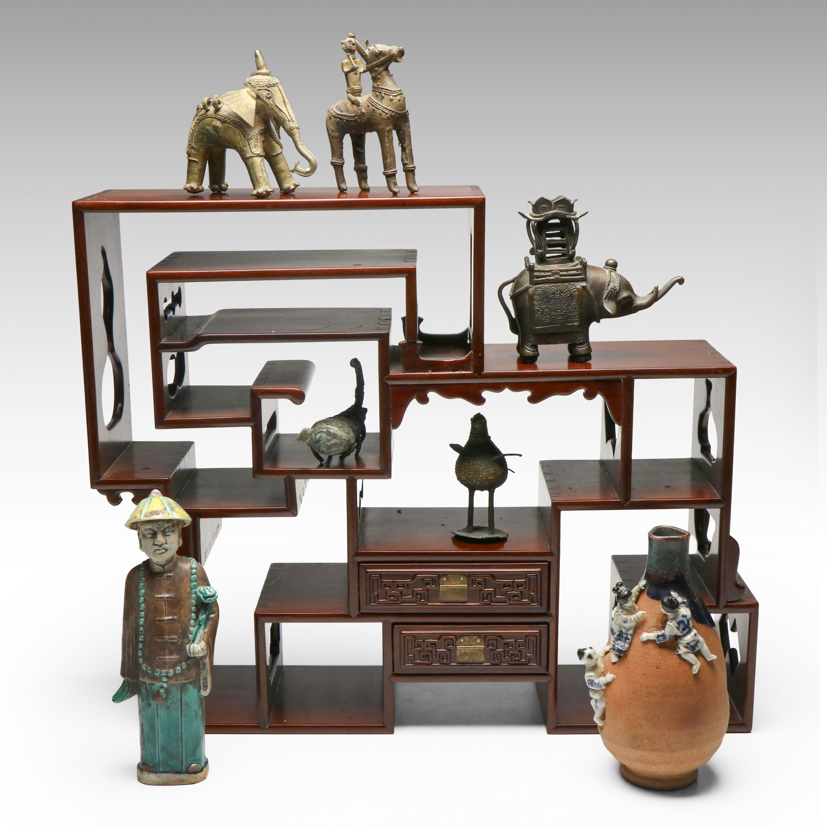 Chinese Carved Wood Shelf with Figurines and Ceramic Figural Vase