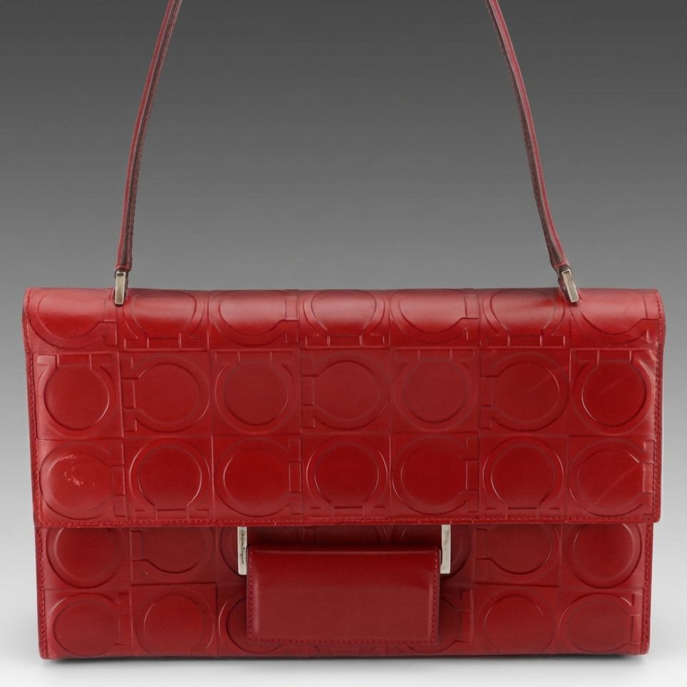 Salvatore Ferragamo Front Flap Shoulder Bag in Red Gancini Embossed Leather