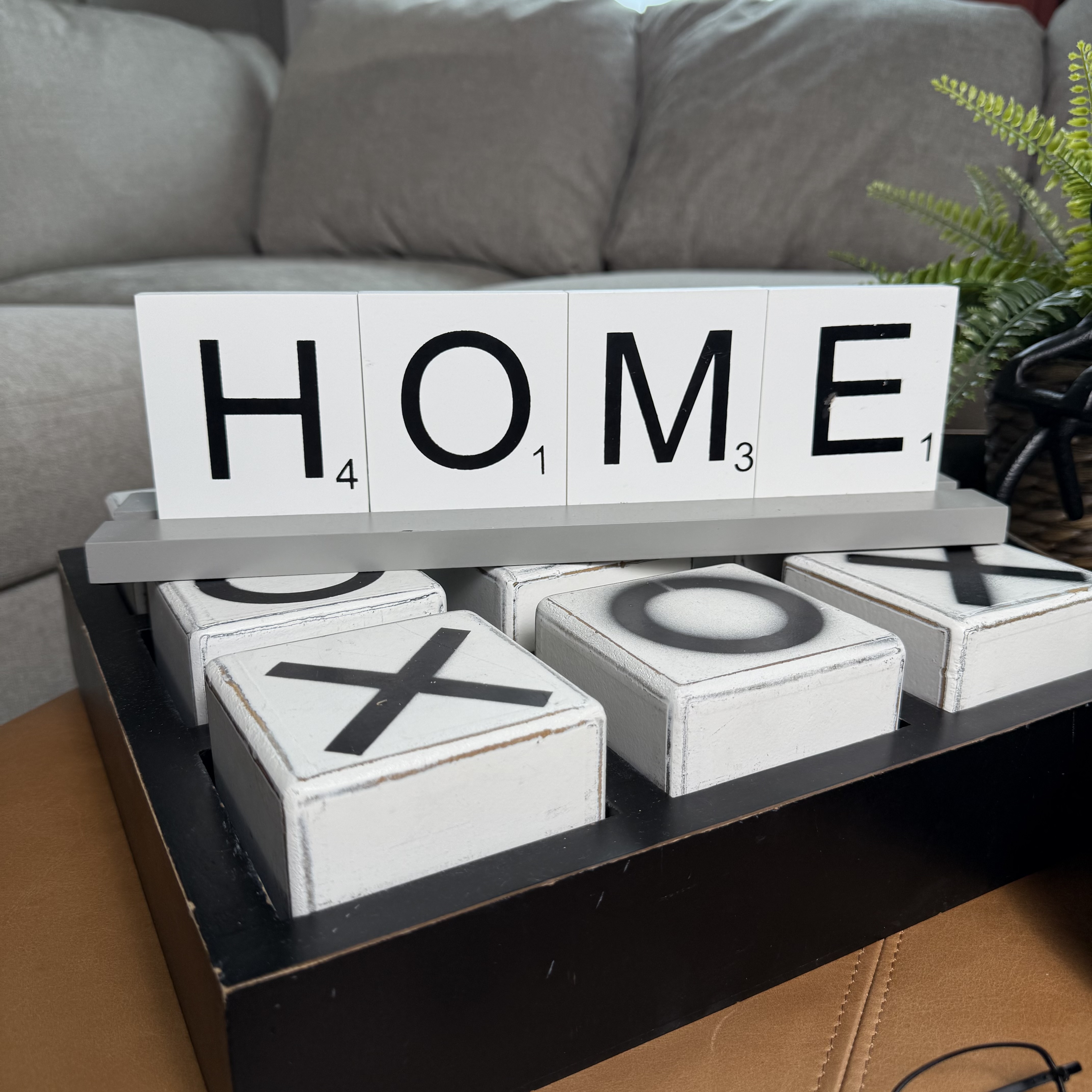 Scrabble Style "Home" Table Sign with Tic-Tac-Toe Blocks and More Modern Décor