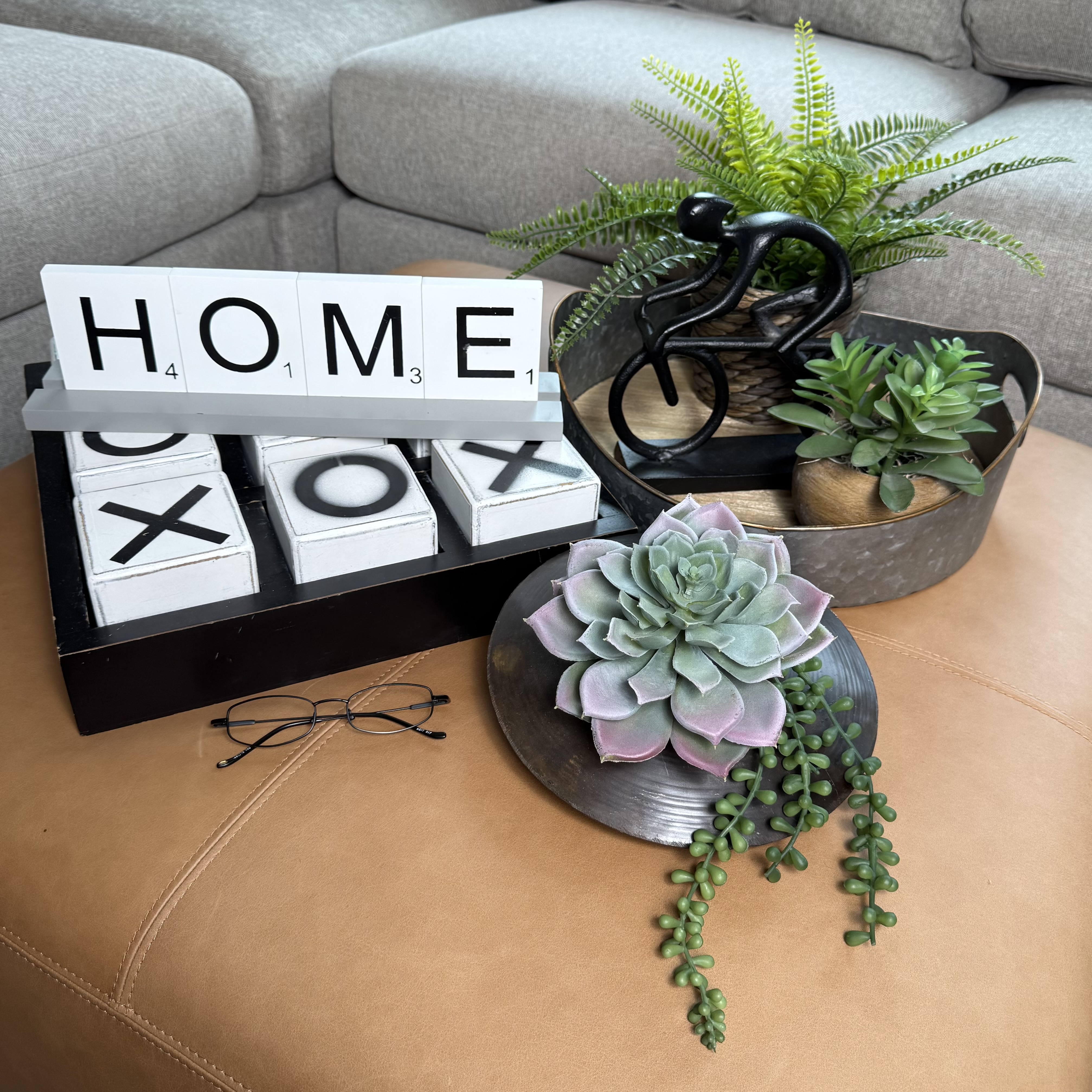 Scrabble Style "Home" Table Sign with Tic-Tac-Toe Blocks and More Modern Décor