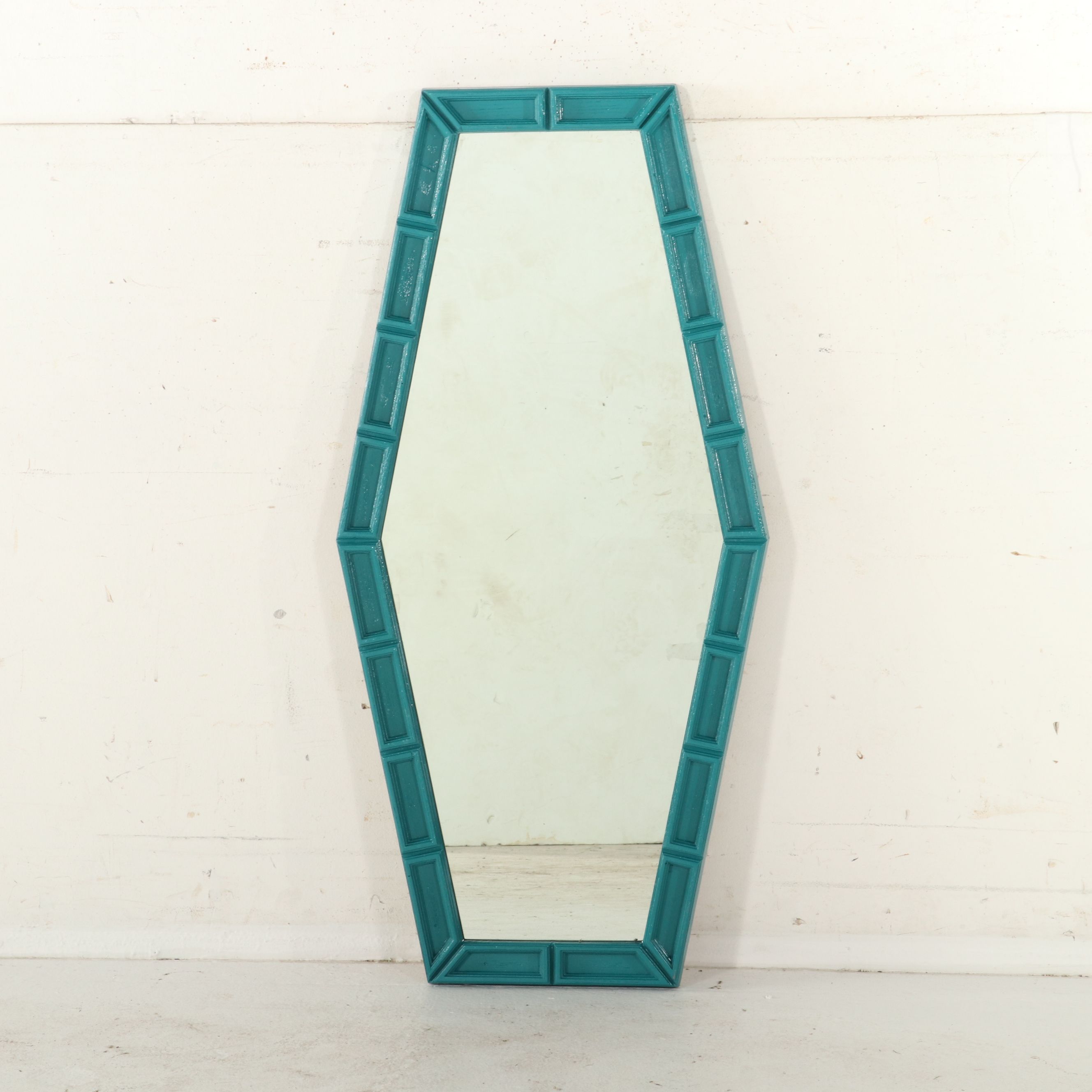 Turquoise-Painted Wood Framed Wall Mirror, Mid to Late 20th Century