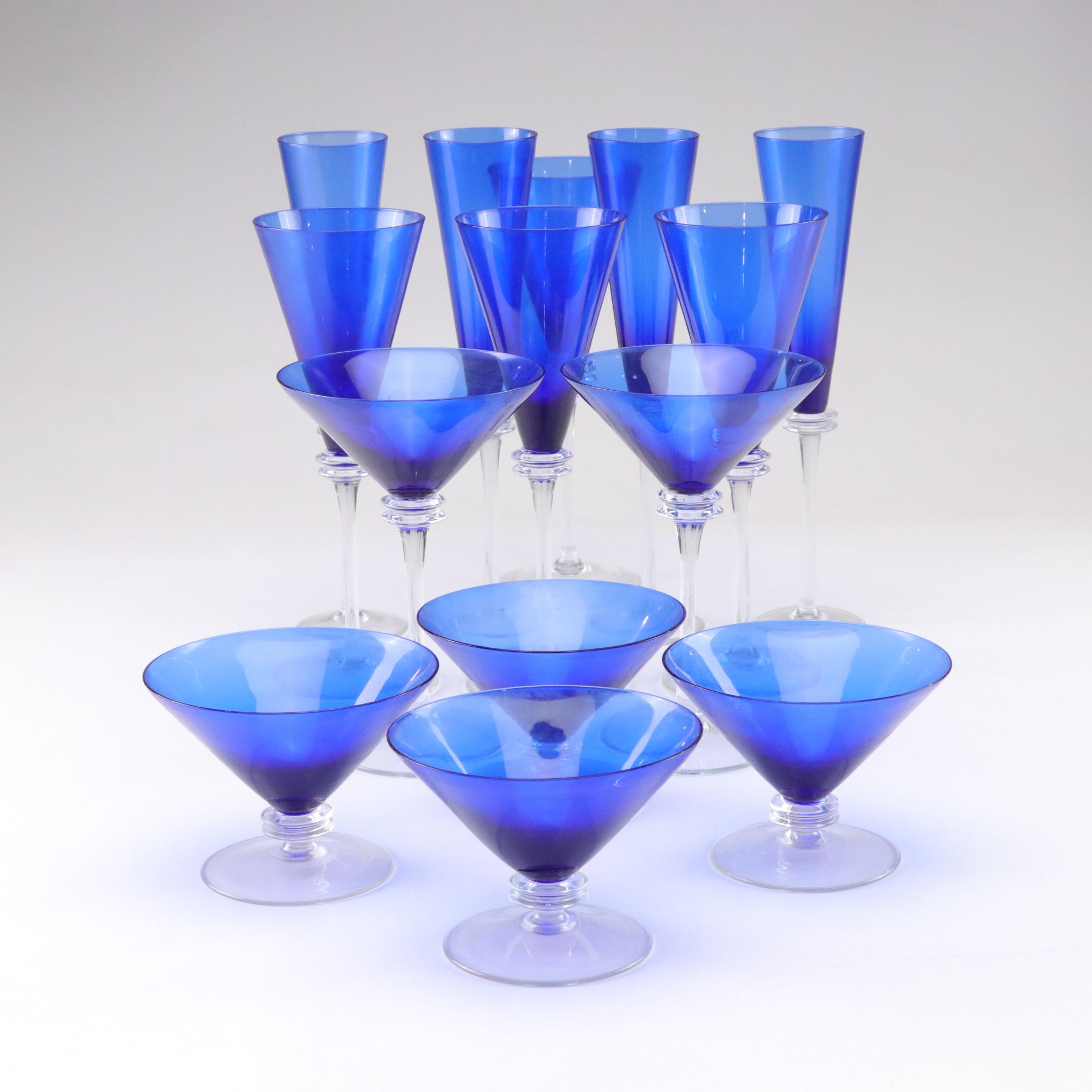 Cobalt Blue Martini and Champagne Stemmed Glasses, Late 20th/Early 21st Century