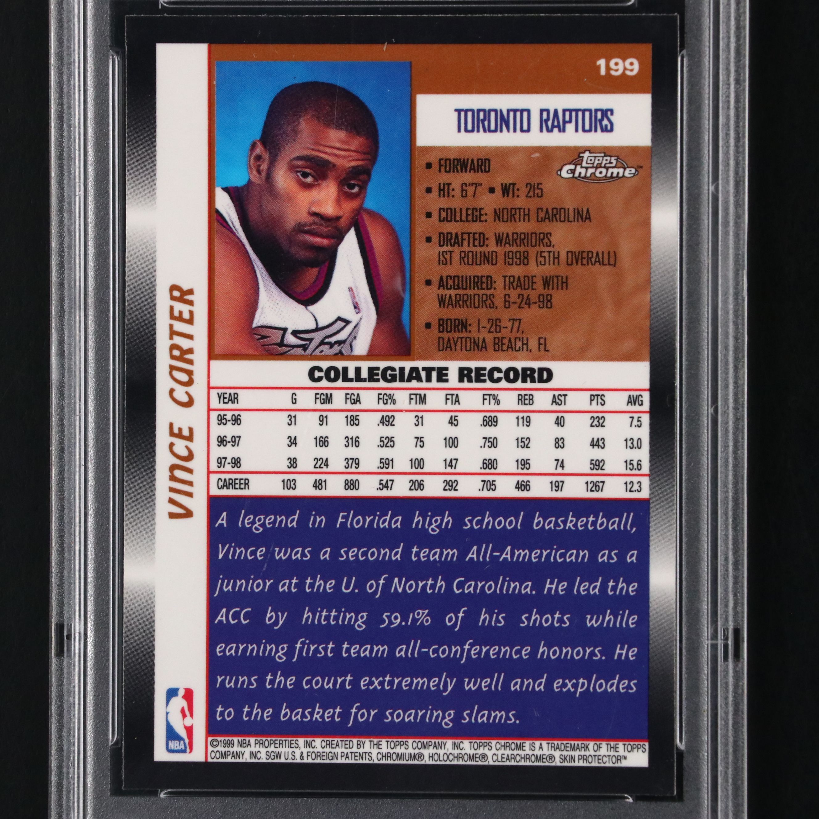 1998 Topps Chrome Vince Carter Raptors Rookie Basketball Card Graded PSA 9