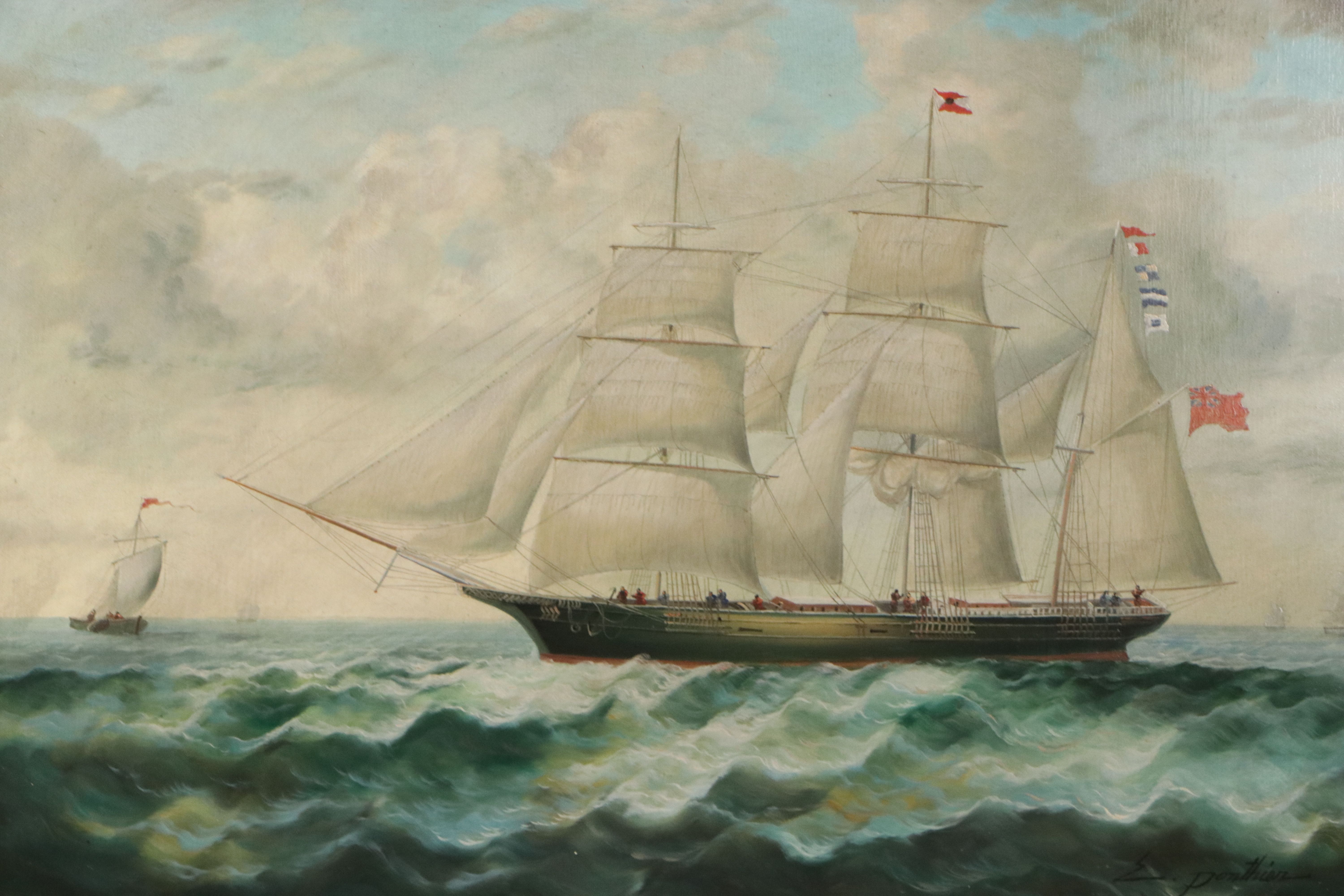 E. Ponthier Maritime Oil Painting of British Ships at Sea, Early to Mid-20th C.