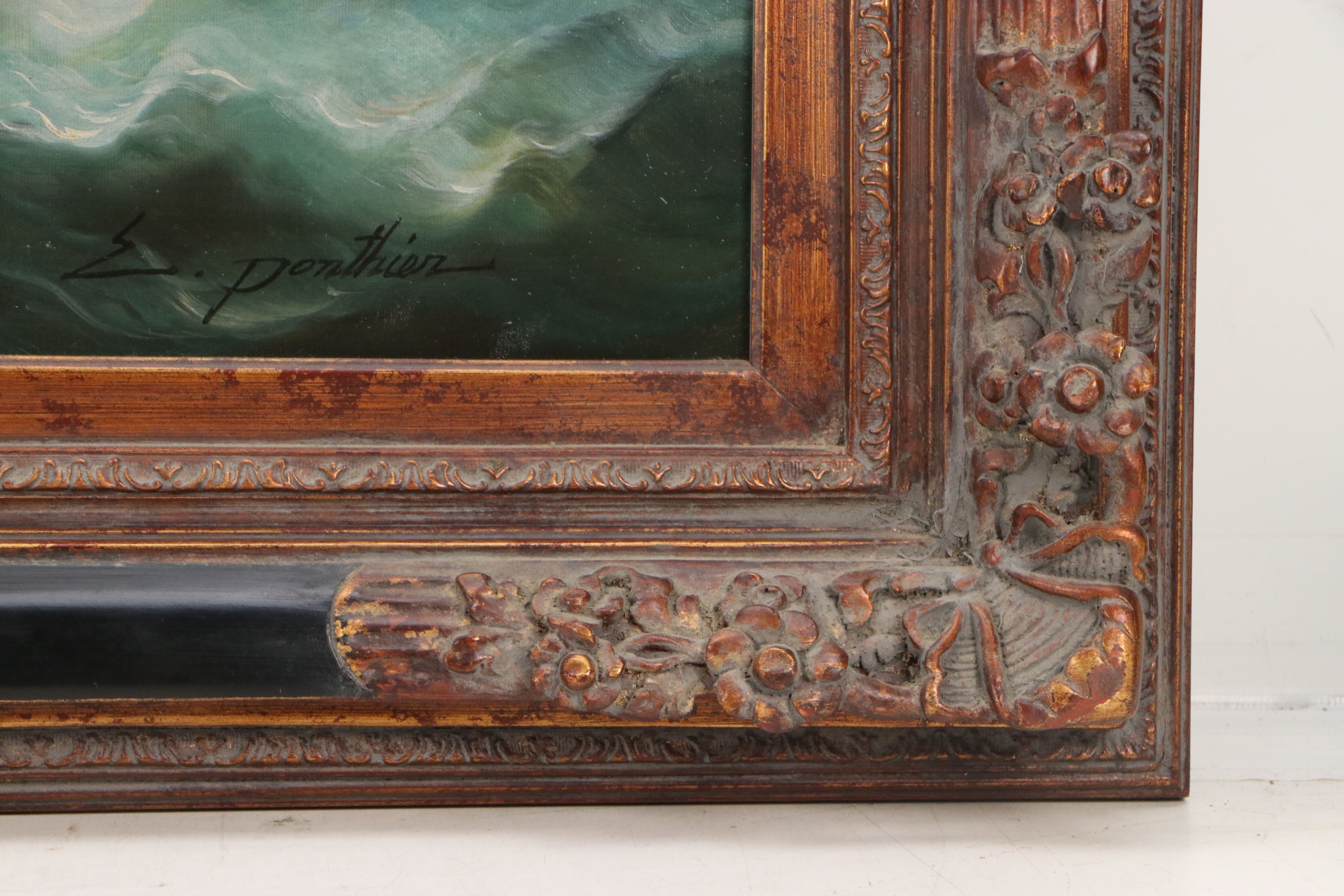 E. Ponthier Maritime Oil Painting of British Ships at Sea, Early to Mid-20th C.