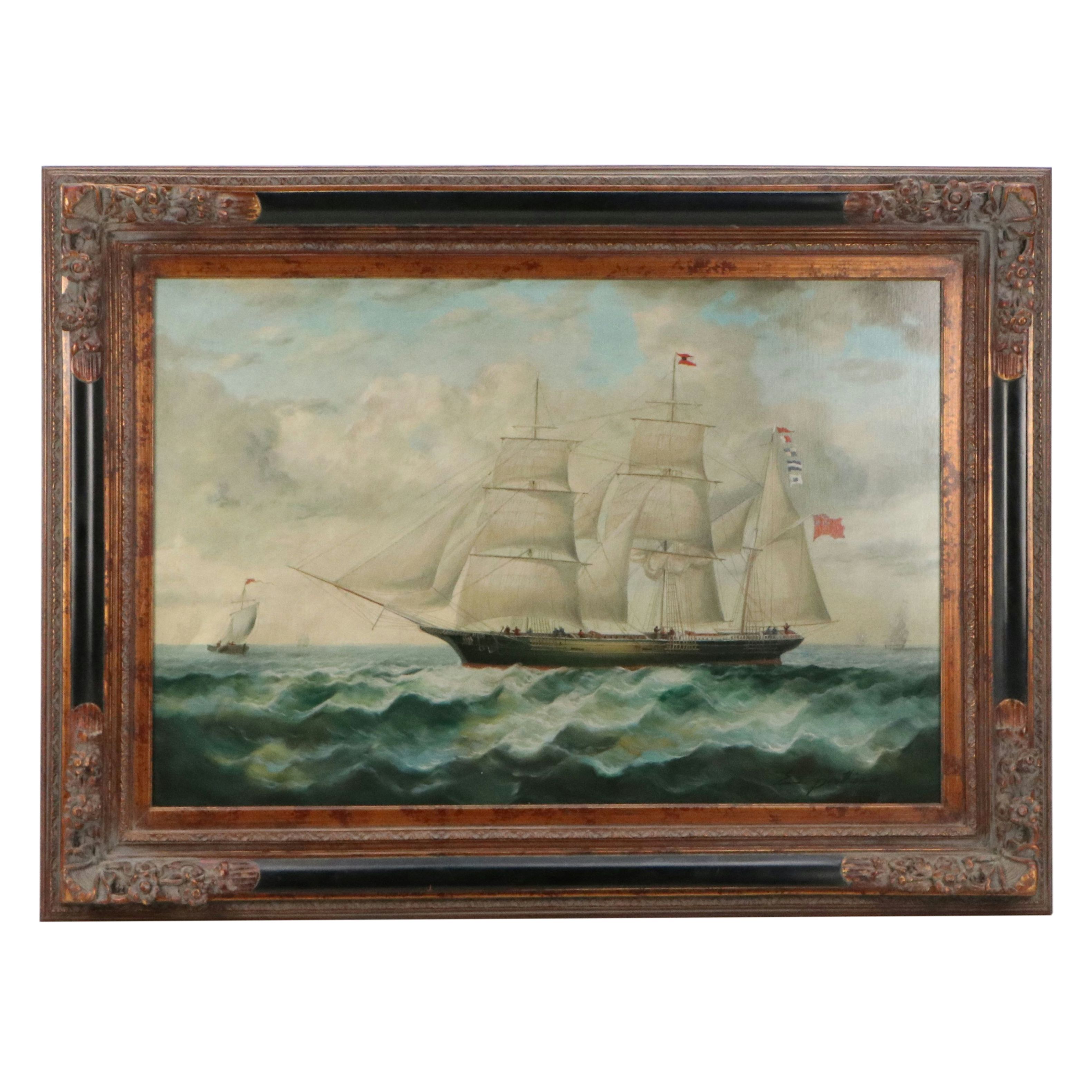 E. Ponthier Maritime Oil Painting of British Ships at Sea, Early to Mid-20th C.