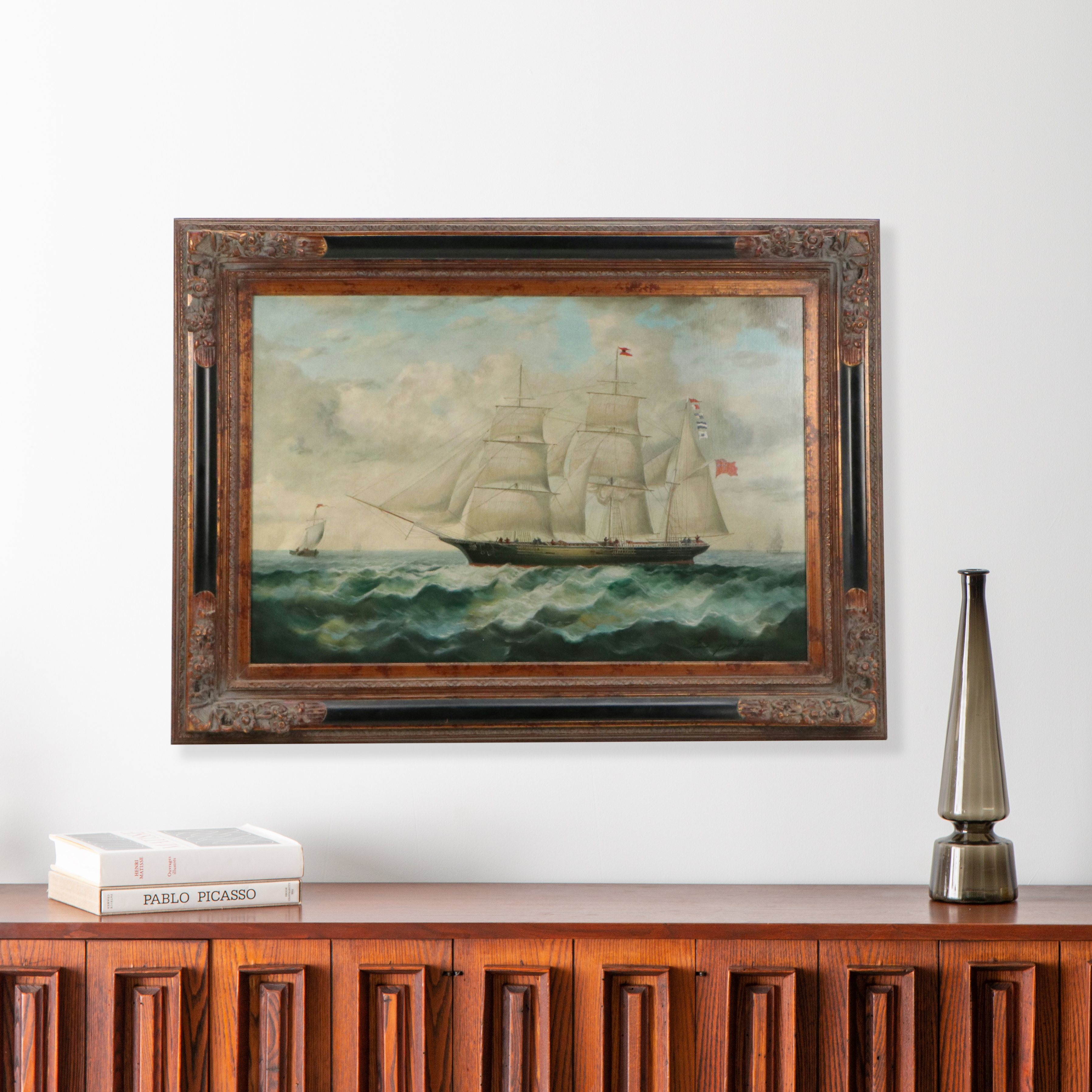 E. Ponthier Maritime Oil Painting of British Ships at Sea, Early to Mid-20th C.