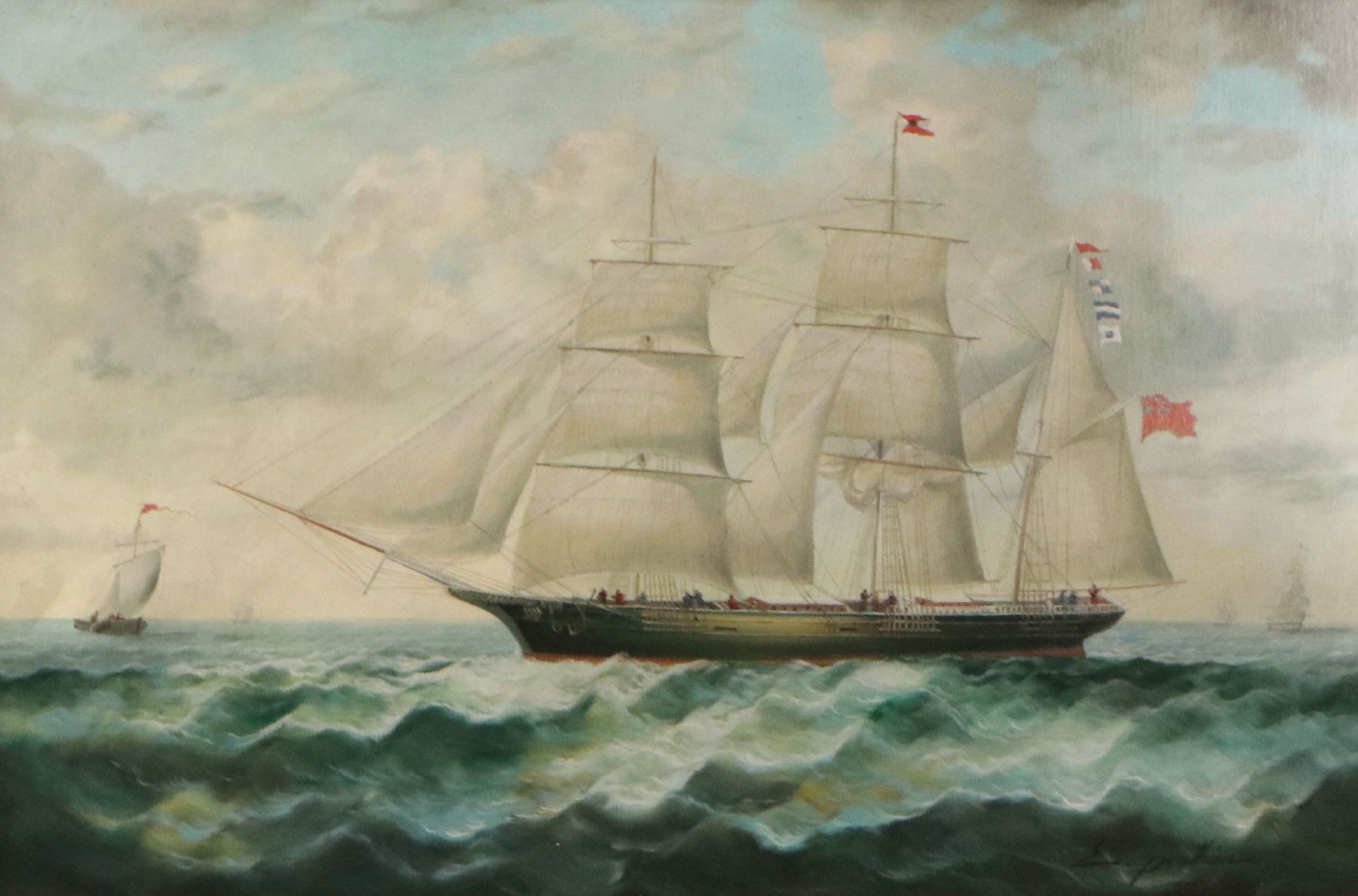 E. Ponthier Maritime Oil Painting of British Ships at Sea, Early to Mid-20th C.