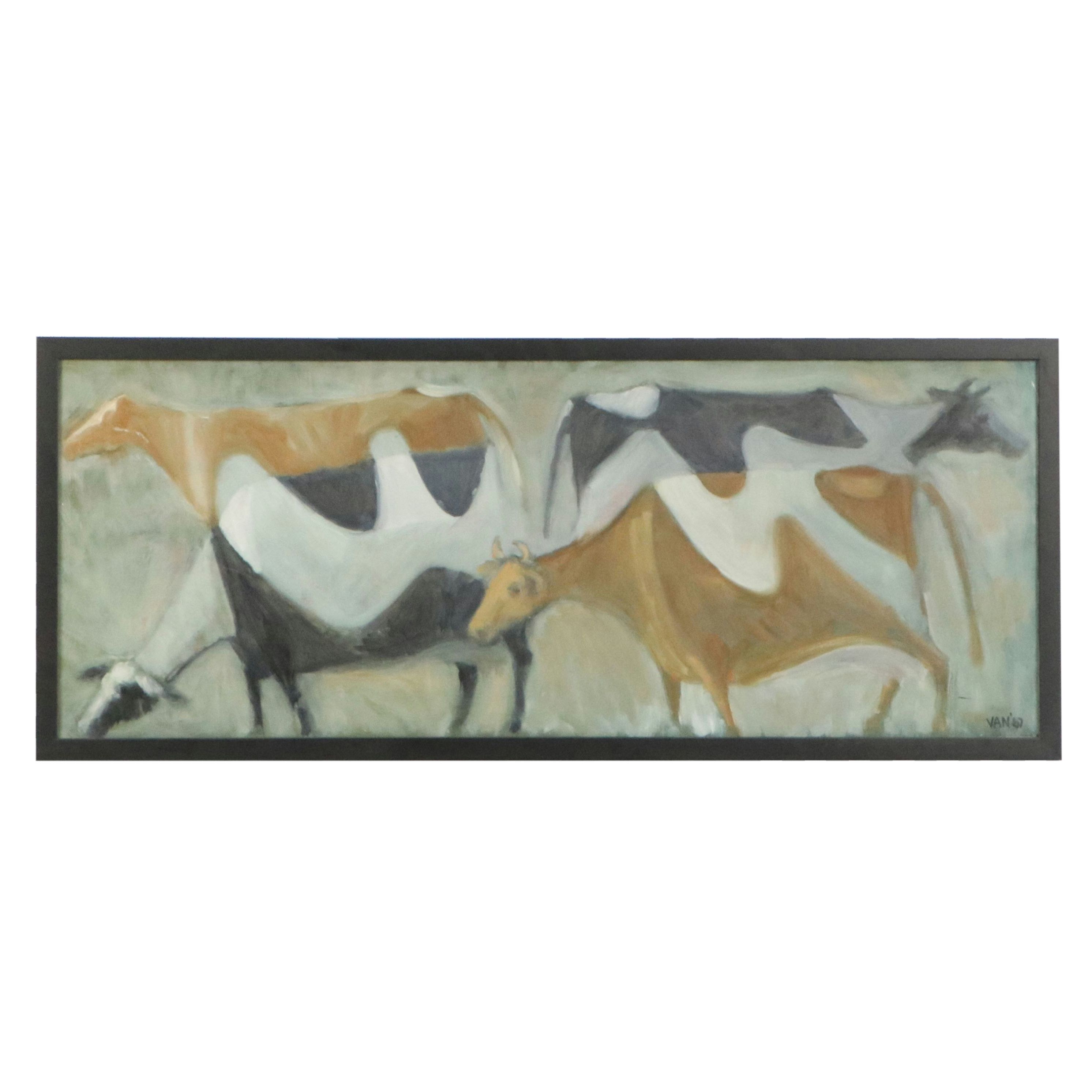 Van Oil Painting of Four Cows, 1967