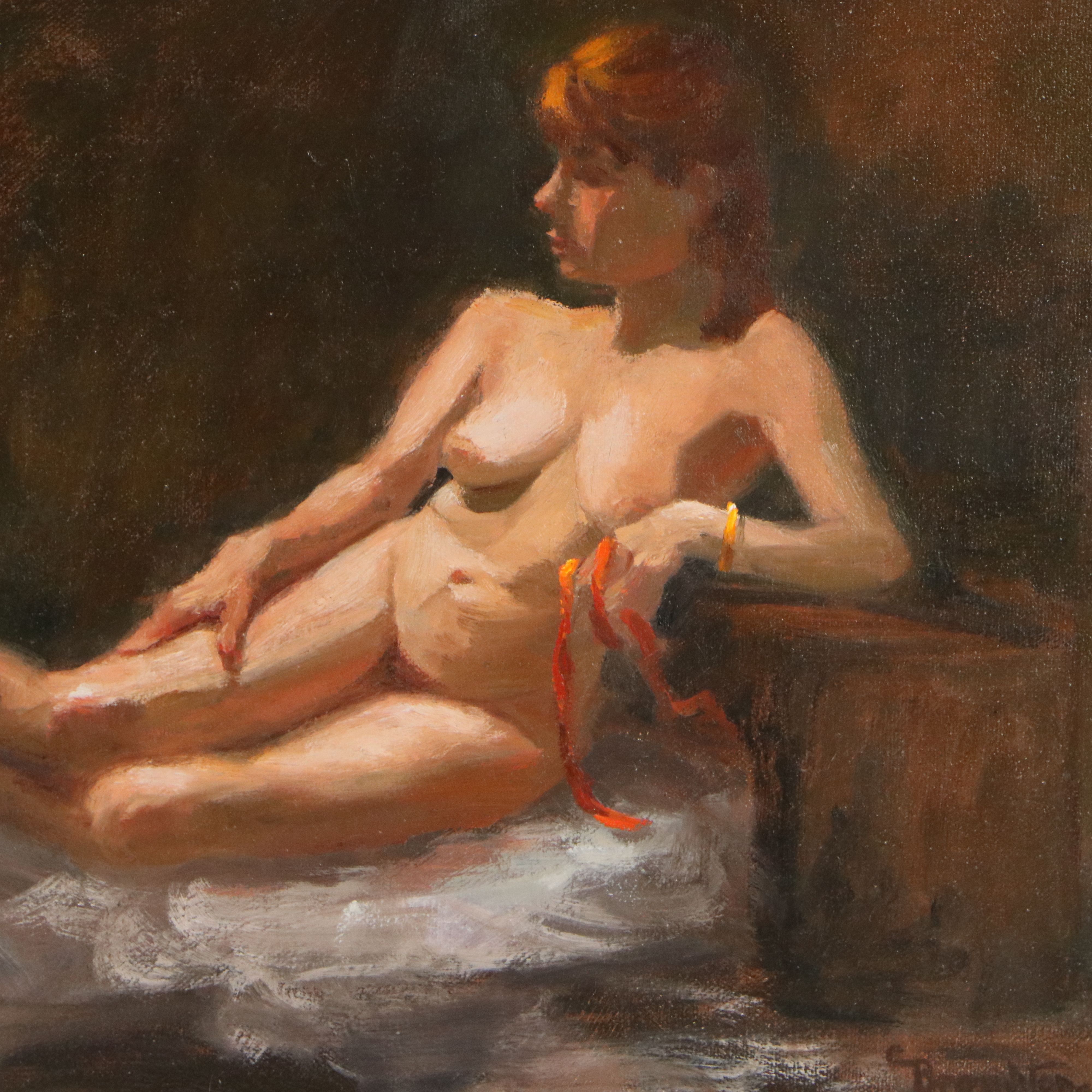 Broughton Oil Painting of Female Nude Holding Red Ribbon, Late 20th to 21st C.