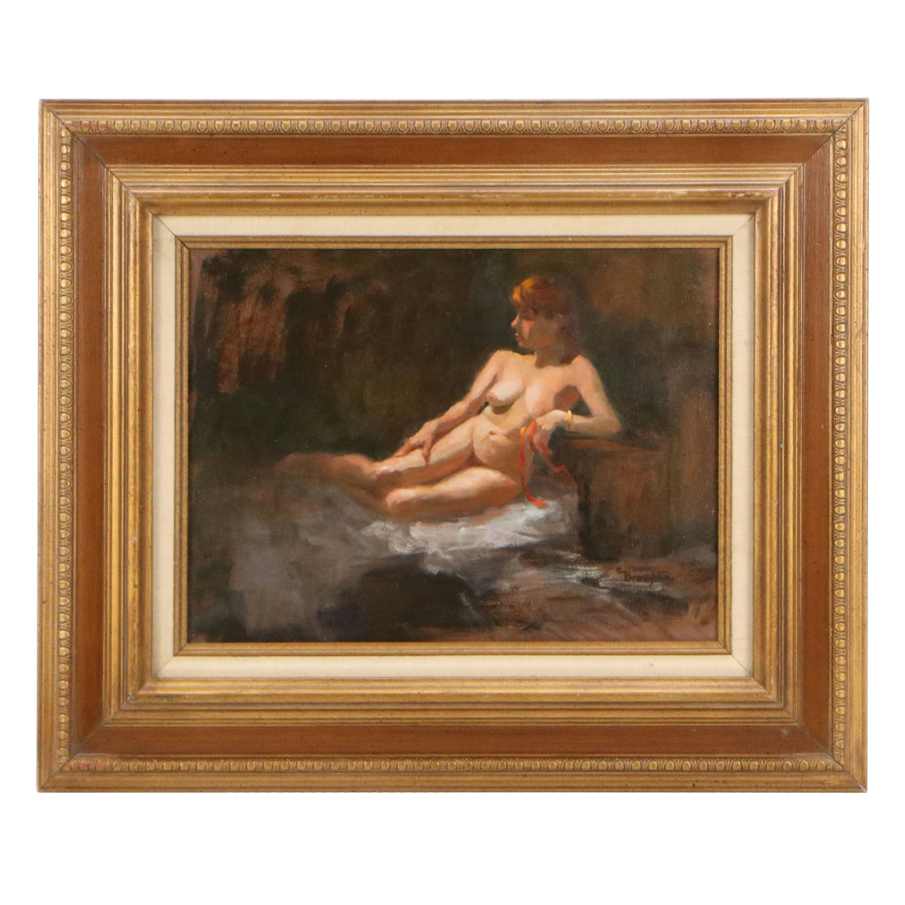 Broughton Oil Painting of Female Nude Holding Red Ribbon, Late 20th to 21st C.