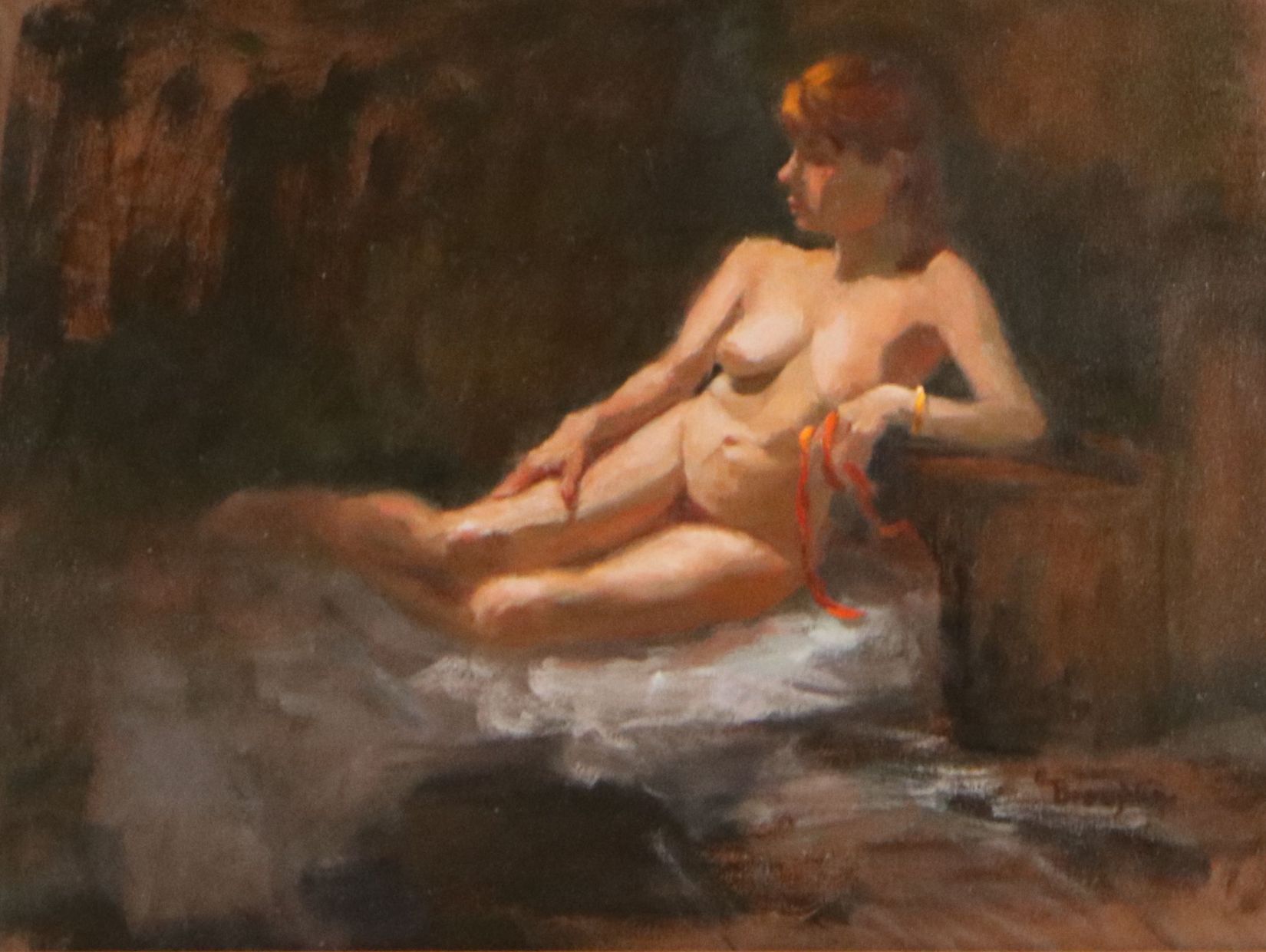 Broughton Oil Painting of Female Nude Holding Red Ribbon, Late 20th to 21st C.