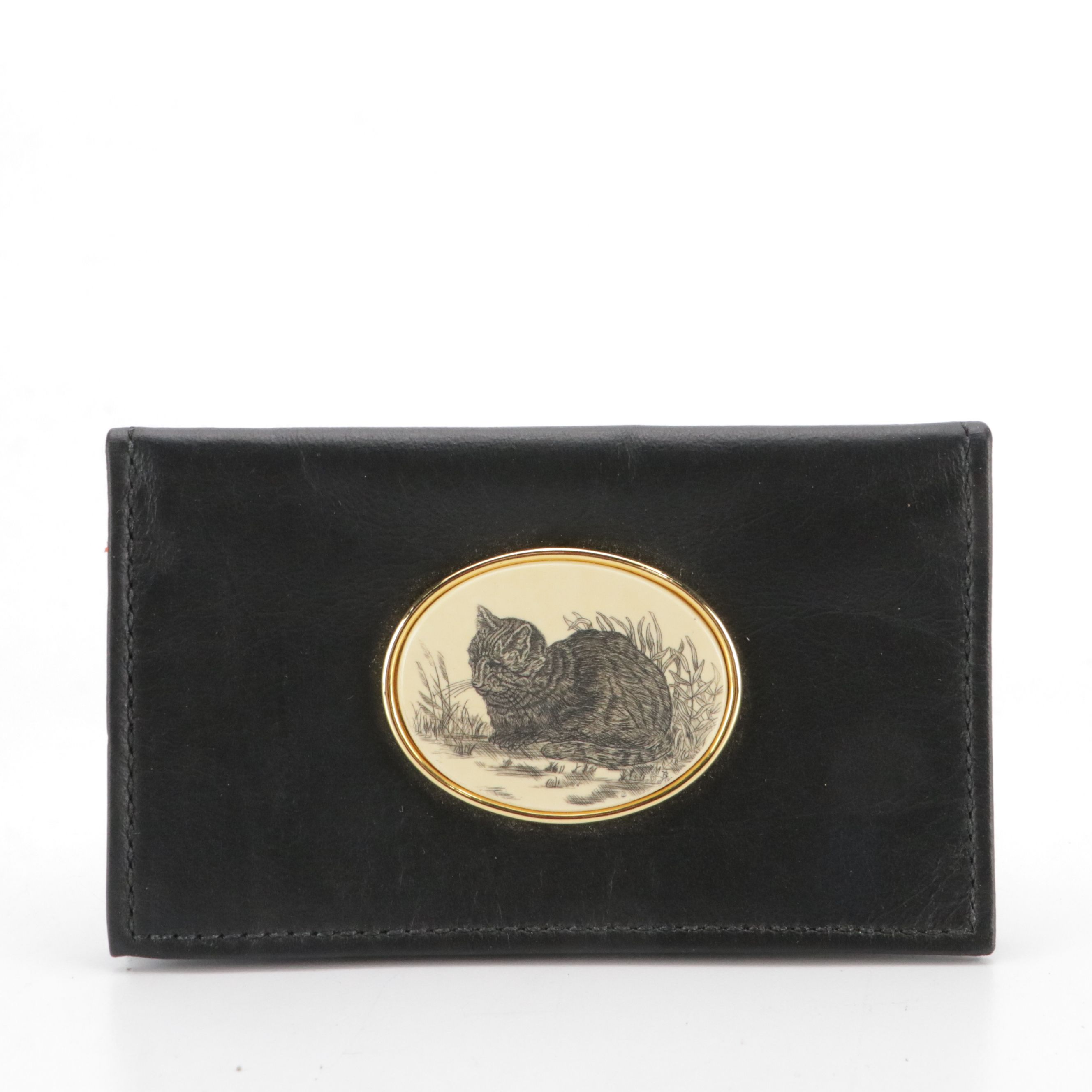 Barlow Top Grain Leather Card Case with Resin Scrimshaw Cat Medallion